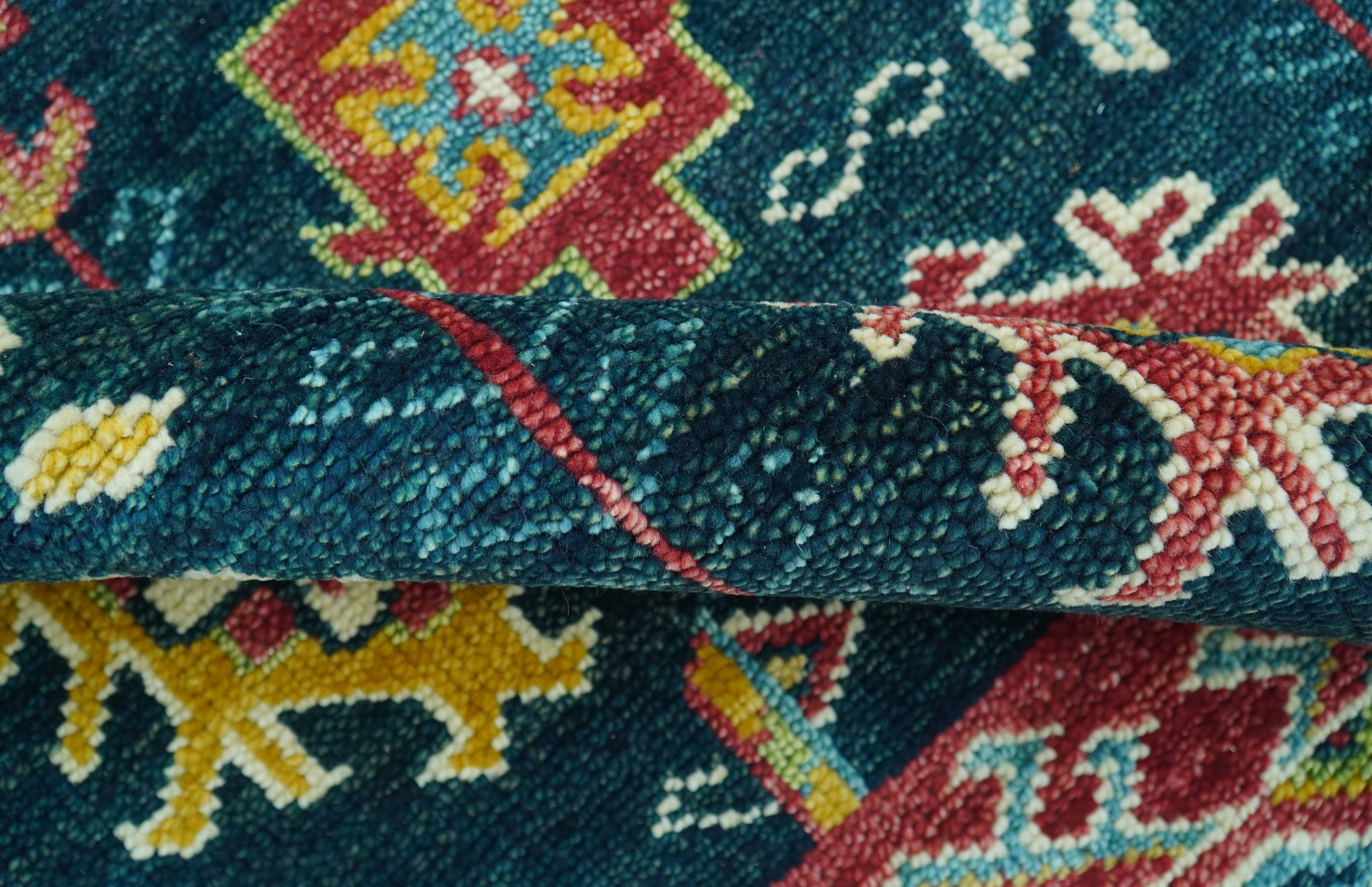 Custom Made Blue And Red Traditional Tribal Design Hand Knotted Wool Rug - Image 8