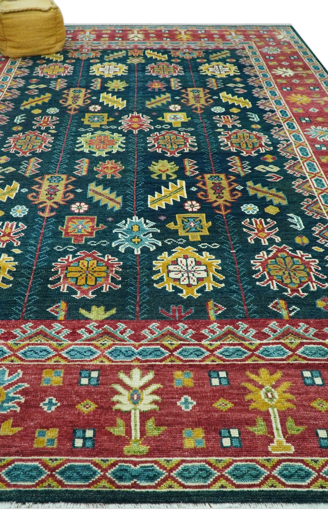 Custom Made Blue And Red Traditional Tribal Design Hand Knotted Wool Rug - Image 9