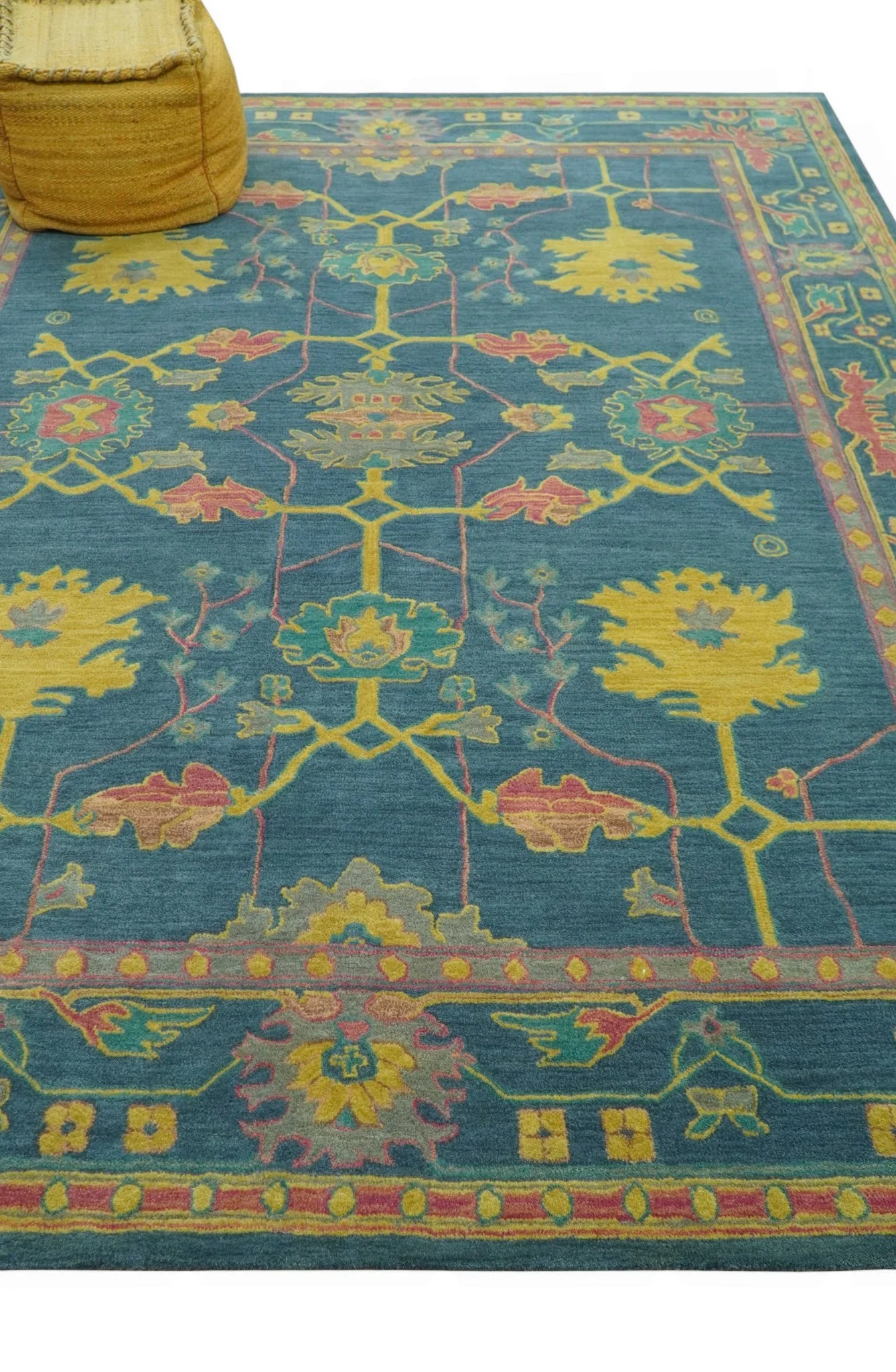 Custom Made Blue And Yellow Traditional Oushak Design Hand Tufted Wool Rug - Image 9