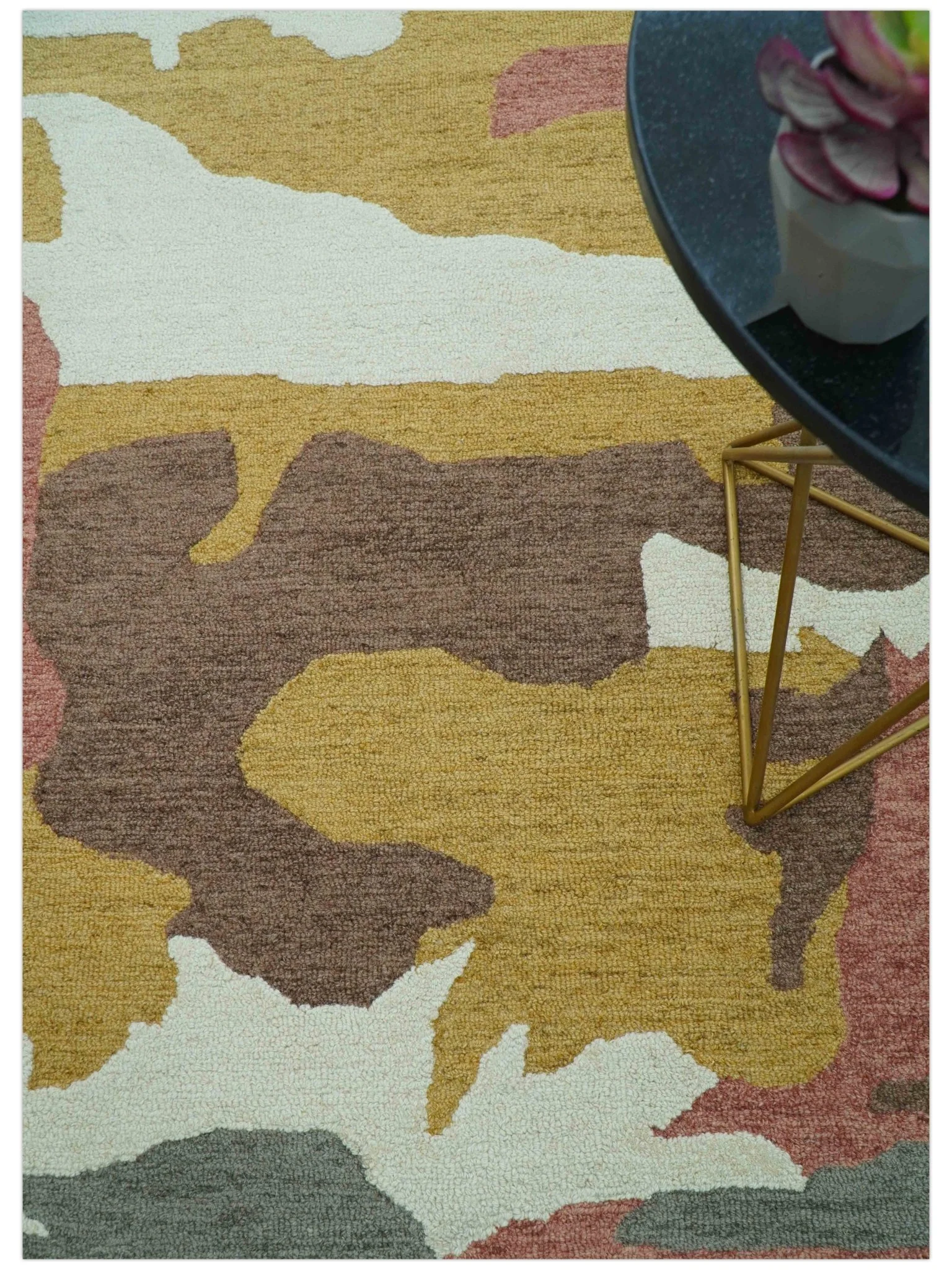 Custom Made Contemporary Abstract Ivory, Yellow And Rust Hand Tufted Wool Area Rug - Image 3