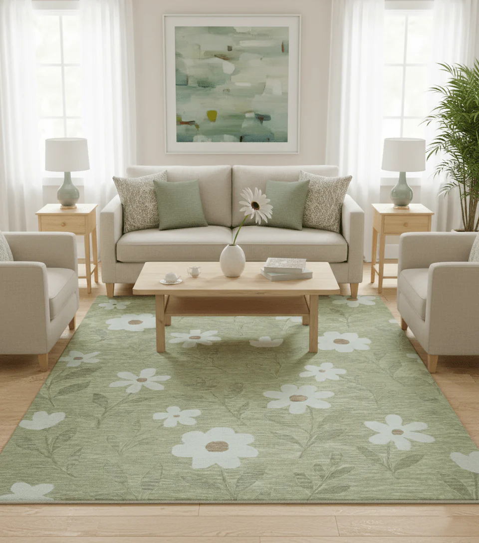 Custom Made Floral Olive Green Hand Tufted Wool Area Rug - Image 2