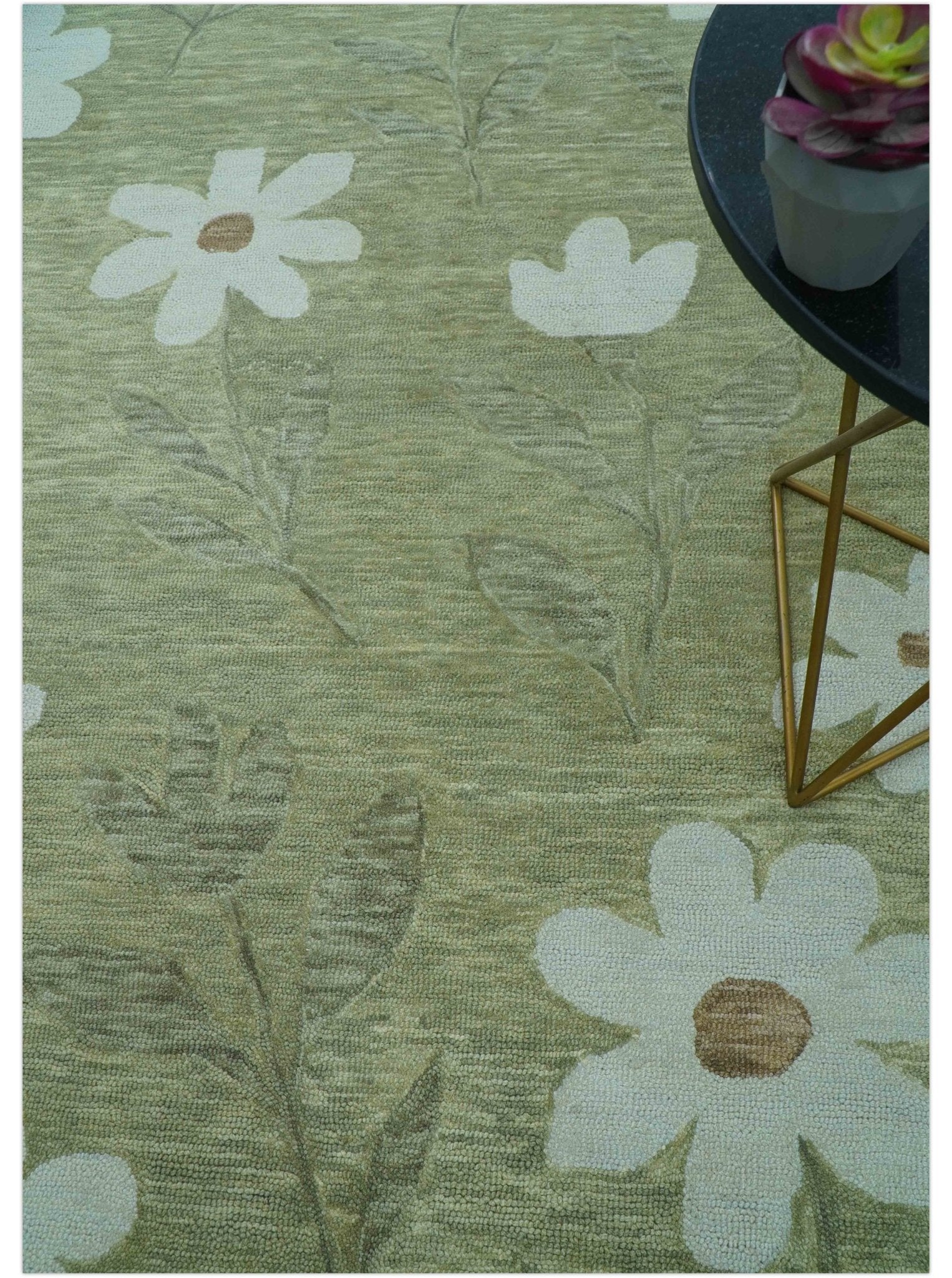 Custom Made Floral Olive Green Hand Tufted Wool Area Rug - Image 3