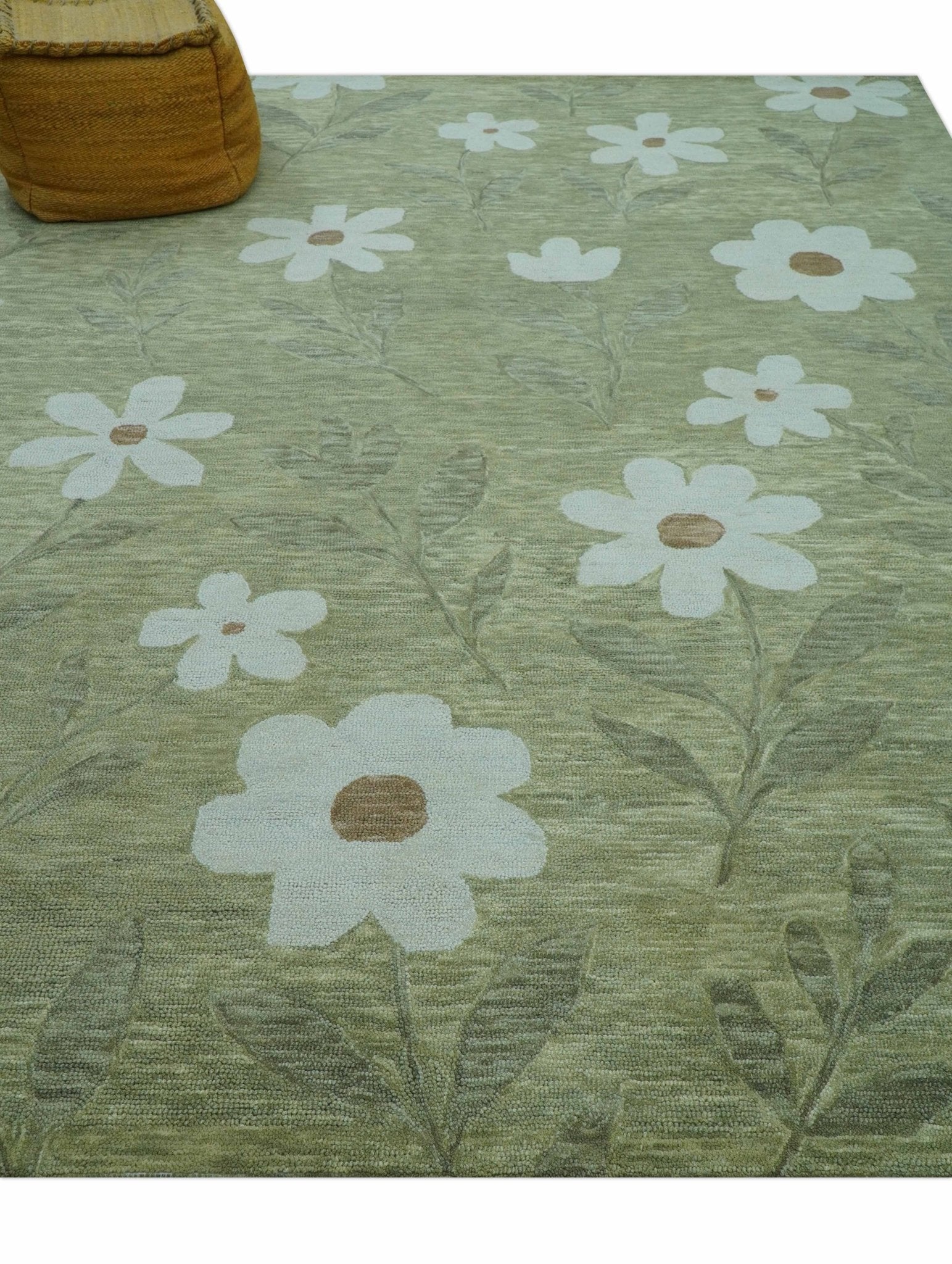 Custom Made Floral Olive Green Hand Tufted Wool Area Rug - Image 4