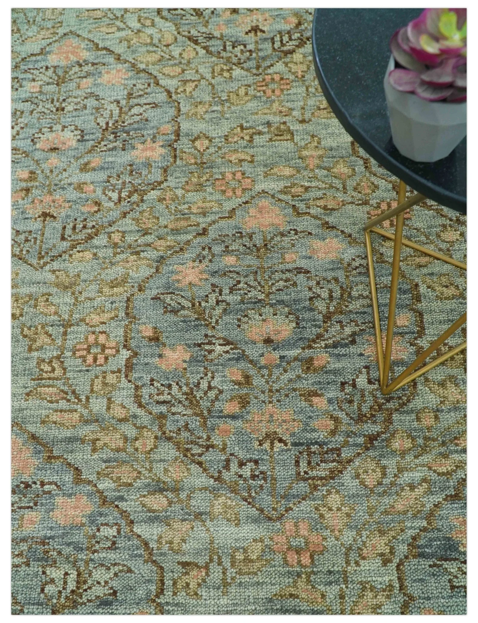 Custom Made Silver, Pink And Brown Floral Motifs Design Hand Knotted wool area rug - Image 2
