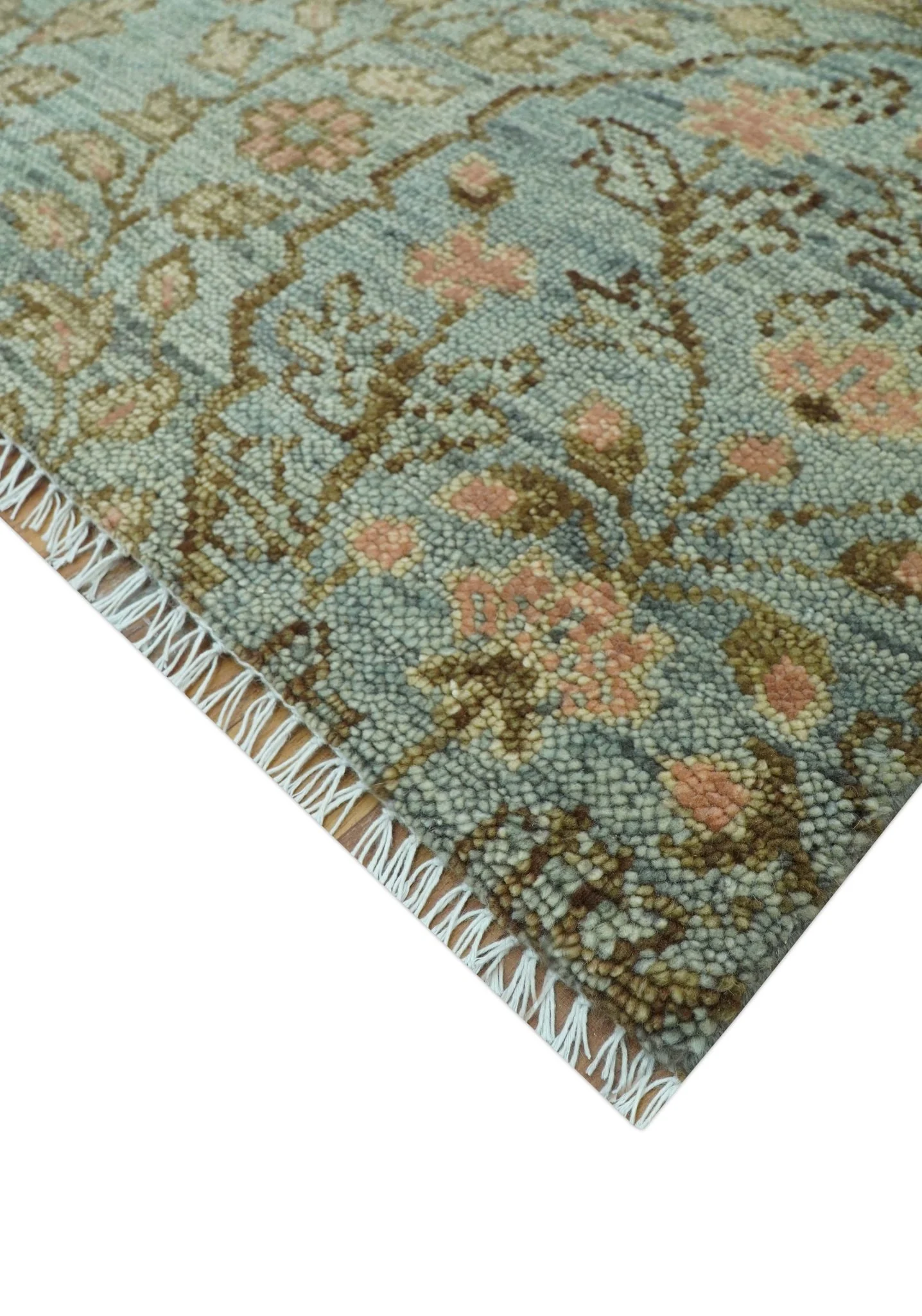 Custom Made Silver, Pink And Brown Floral Motifs Design Hand Knotted wool area rug - Image 4