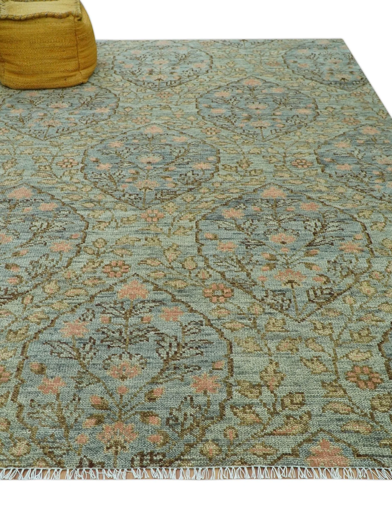 Custom Made Silver, Pink And Brown Floral Motifs Design Hand Knotted wool area rug - Image 8