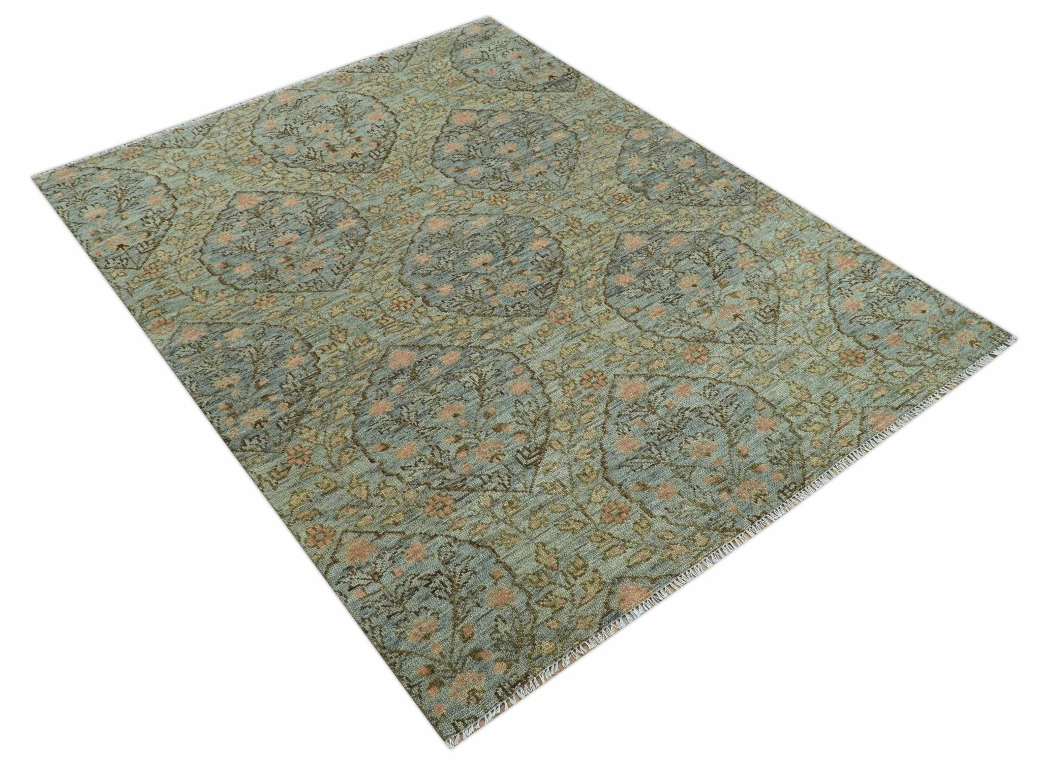 Custom Made Silver, Pink And Brown Floral Motifs Design Hand Knotted wool area rug - Image 9