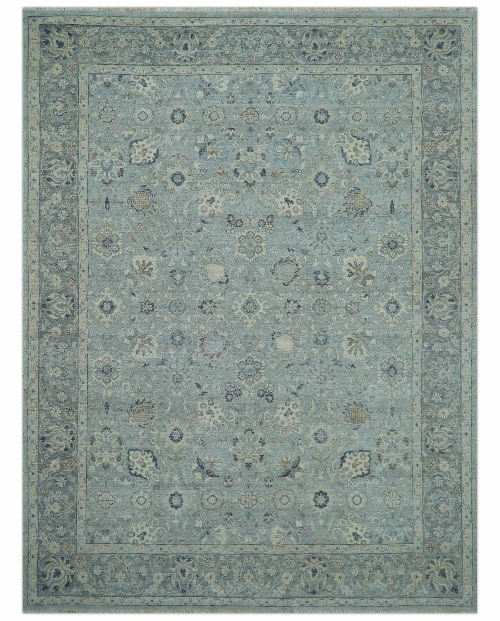 Custom Made Blue Traditional distressed design Hand knotted Wool Area Rug - Image 10