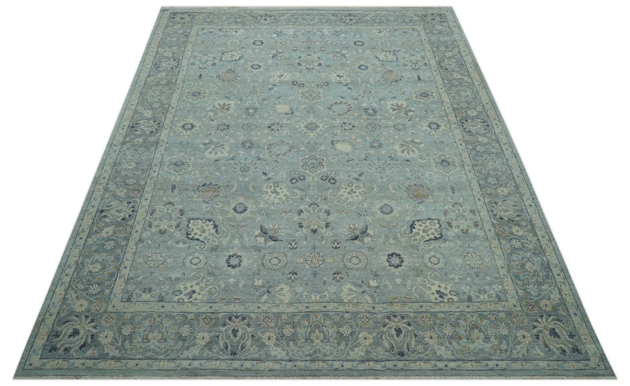 Custom Made Blue Traditional distressed design Hand knotted Wool Area Rug - Image 12