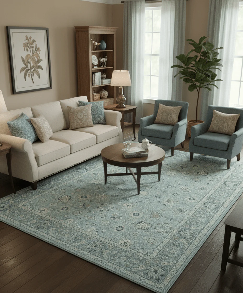 Custom Made Blue Traditional distressed design Hand knotted Wool Area Rug - Image 2