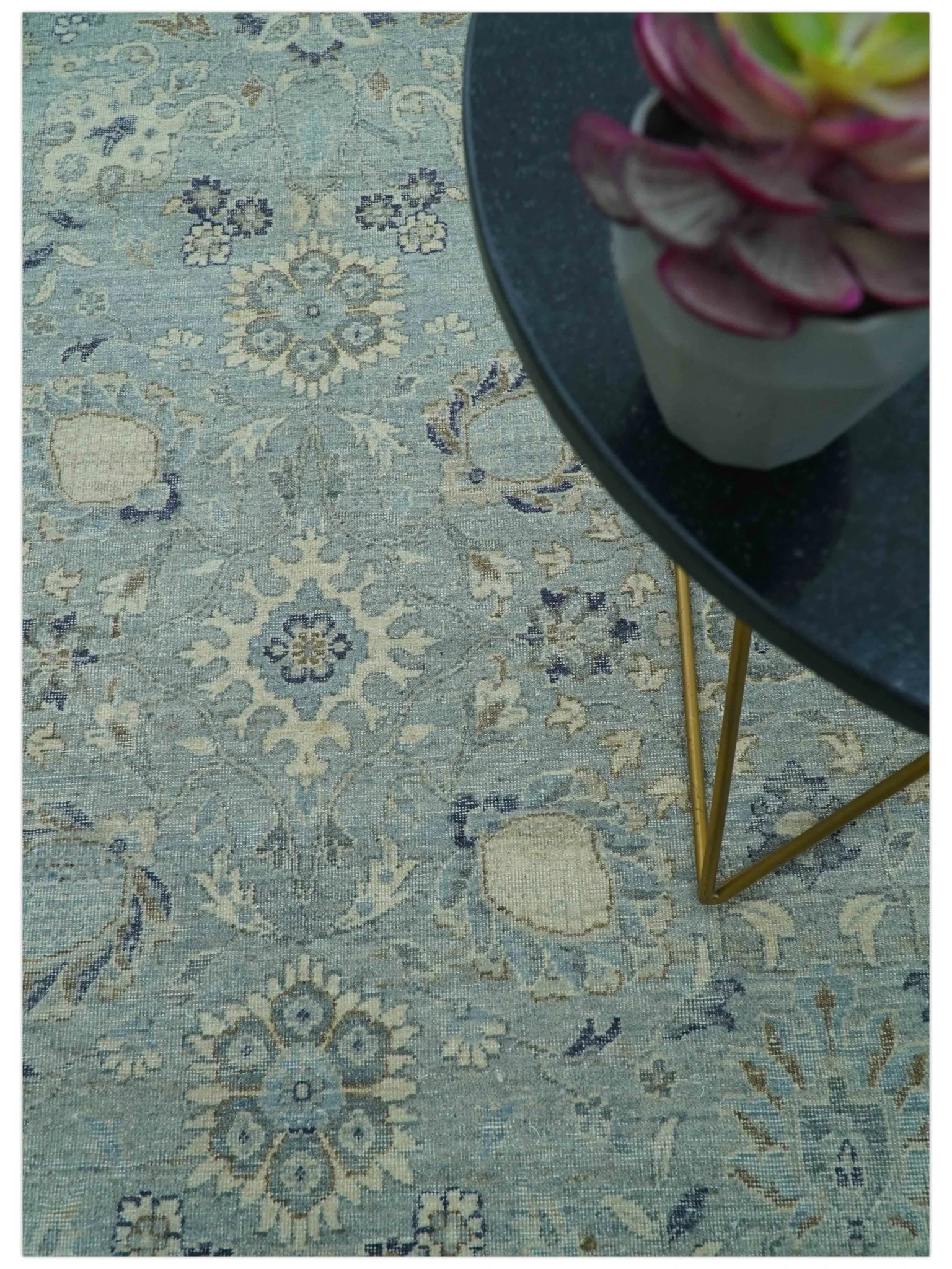 Custom Made Blue Traditional distressed design Hand knotted Wool Area Rug - Image 3