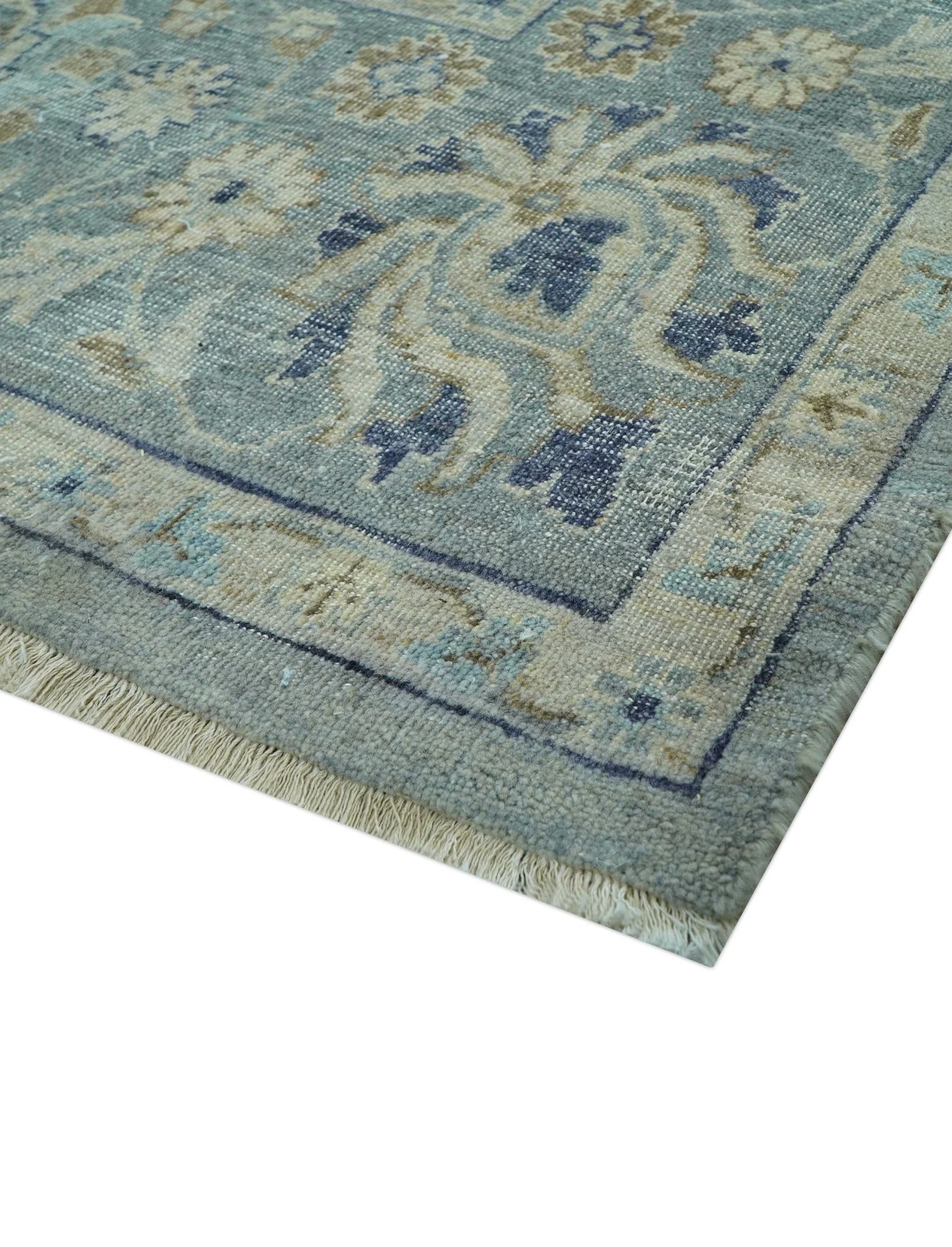 Custom Made Blue Traditional distressed design Hand knotted Wool Area Rug - Image 6