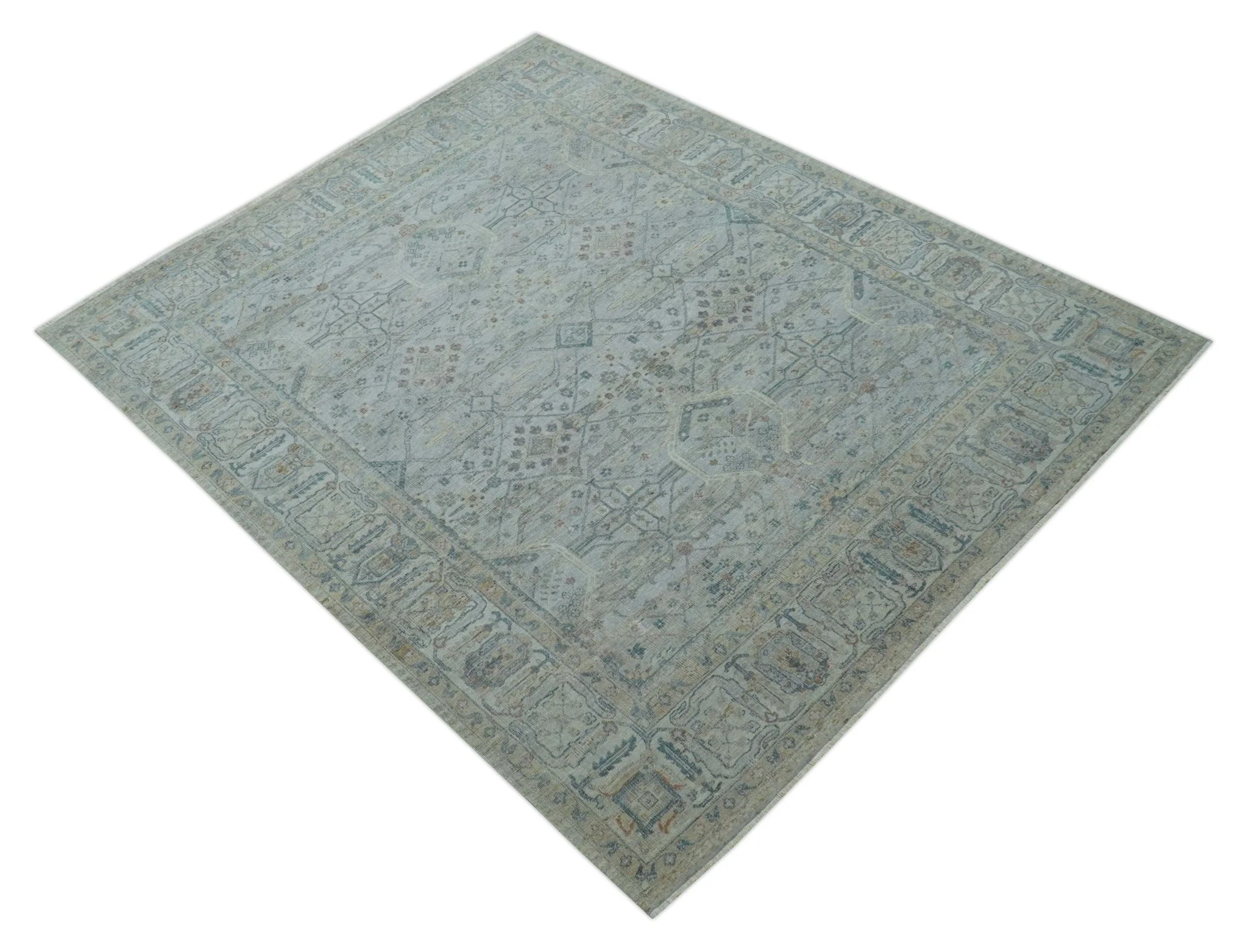 Custom Made Distressed Silver Blue Traditional Hand knotted Wool Area Rug - Image 10