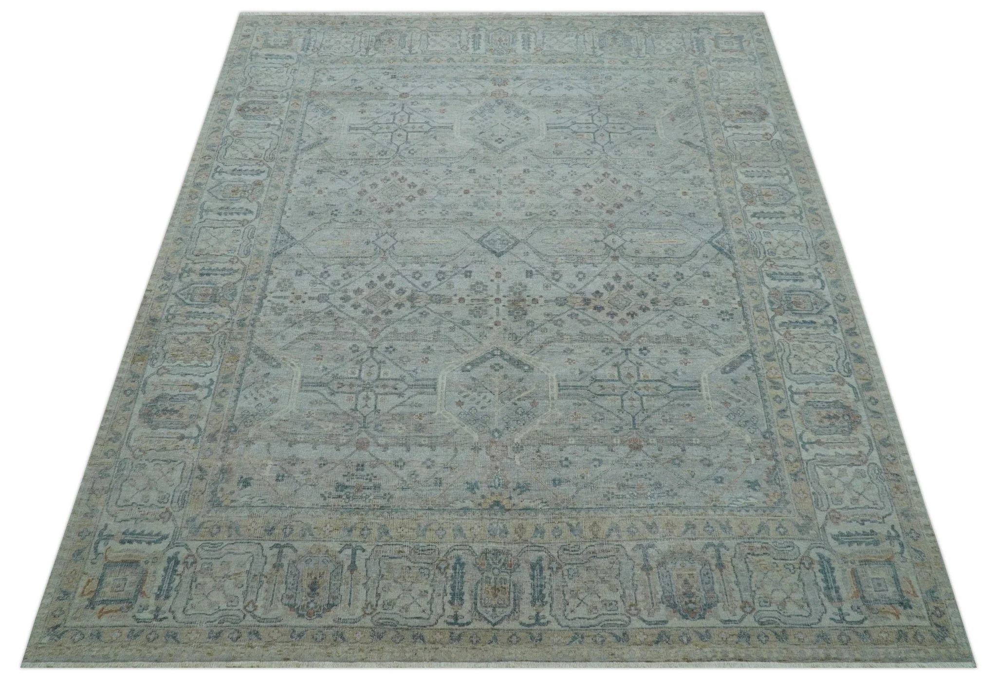 Custom Made Distressed Silver Blue Traditional Hand knotted Wool Area Rug - Image 11