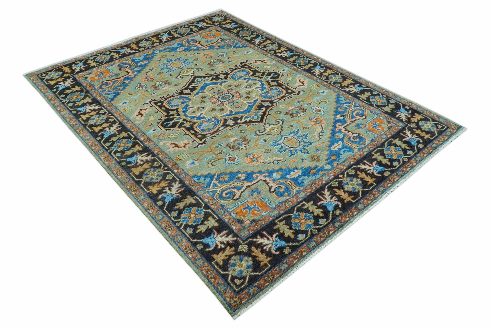 Custom Made Green And Blue Traditional Heriz Hand Knotted Wool Rug - Image 10