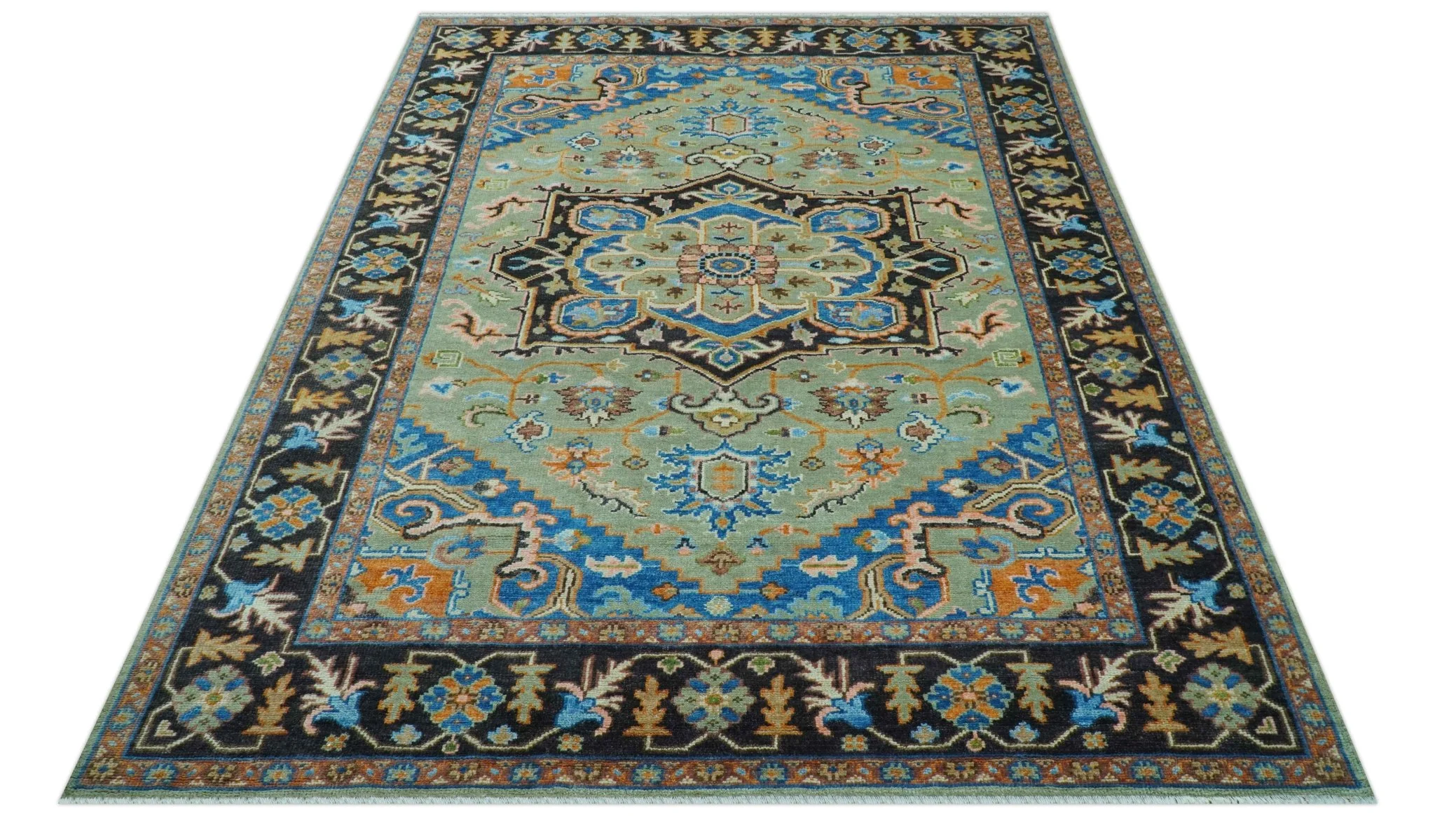 Custom Made Green And Blue Traditional Heriz Hand Knotted Wool Rug - Image 11