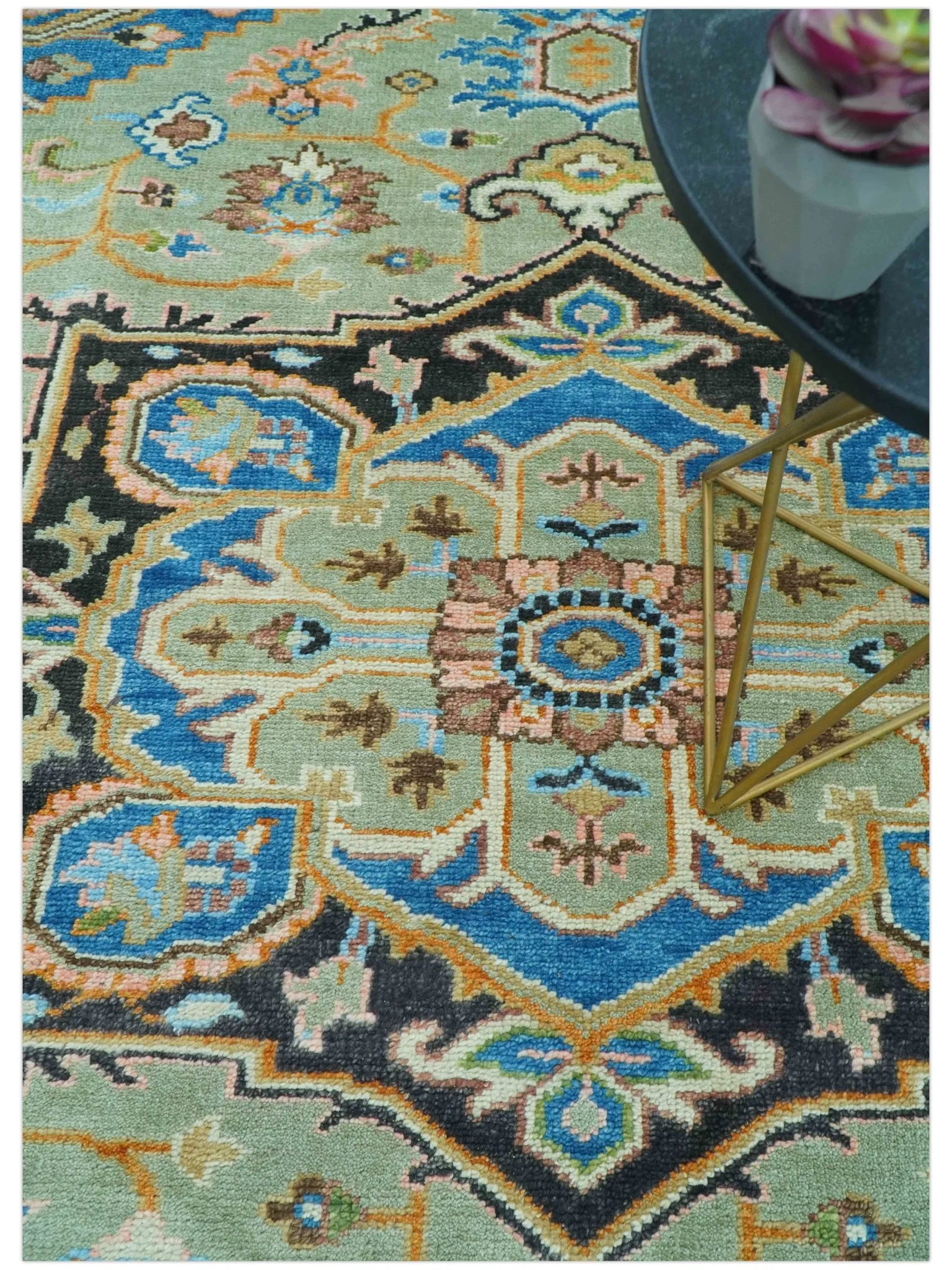 Custom Made Green And Blue Traditional Heriz Hand Knotted Wool Rug - Image 3