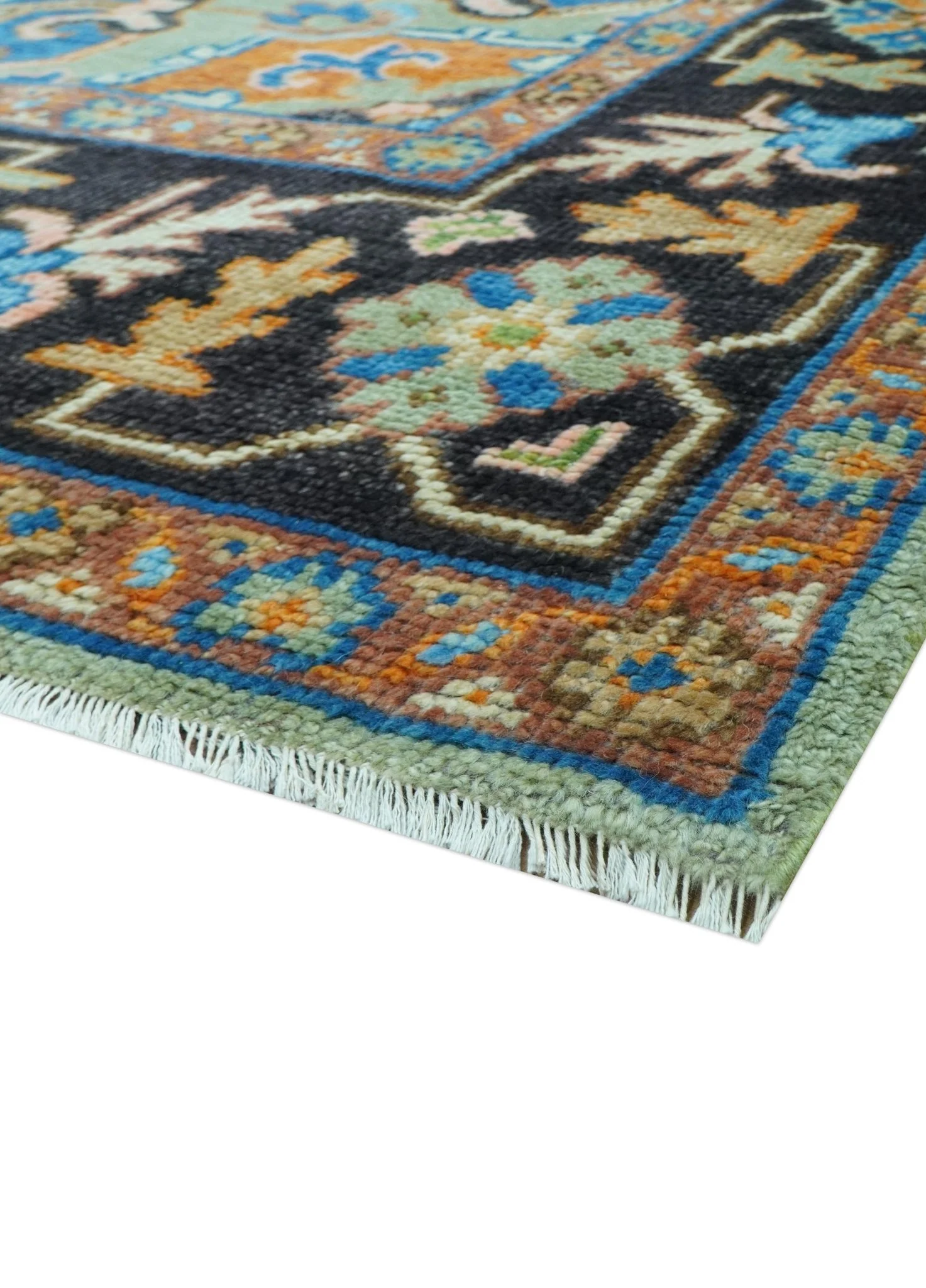 Custom Made Green And Blue Traditional Heriz Hand Knotted Wool Rug - Image 5