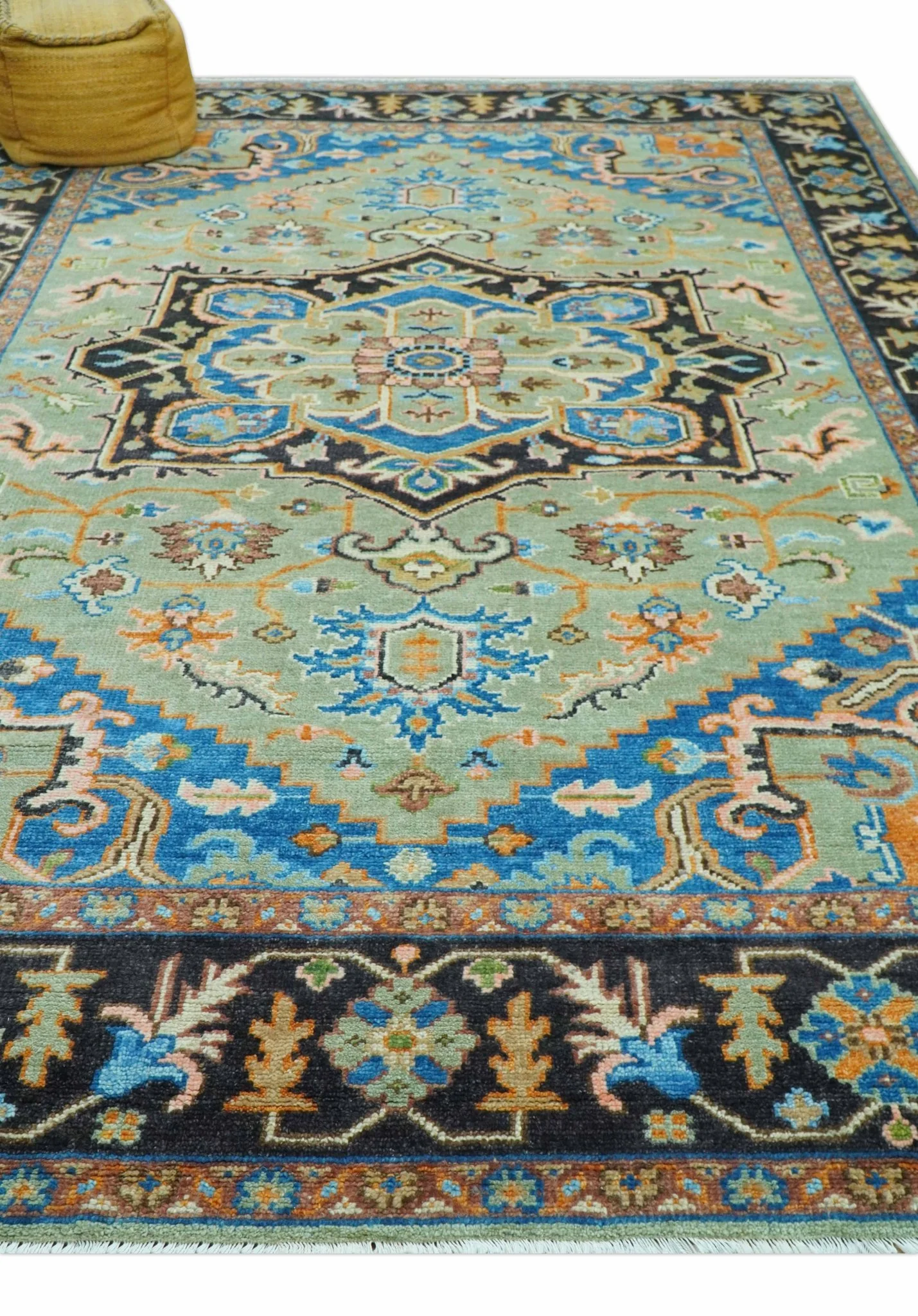 Custom Made Green And Blue Traditional Heriz Hand Knotted Wool Rug - Image 9