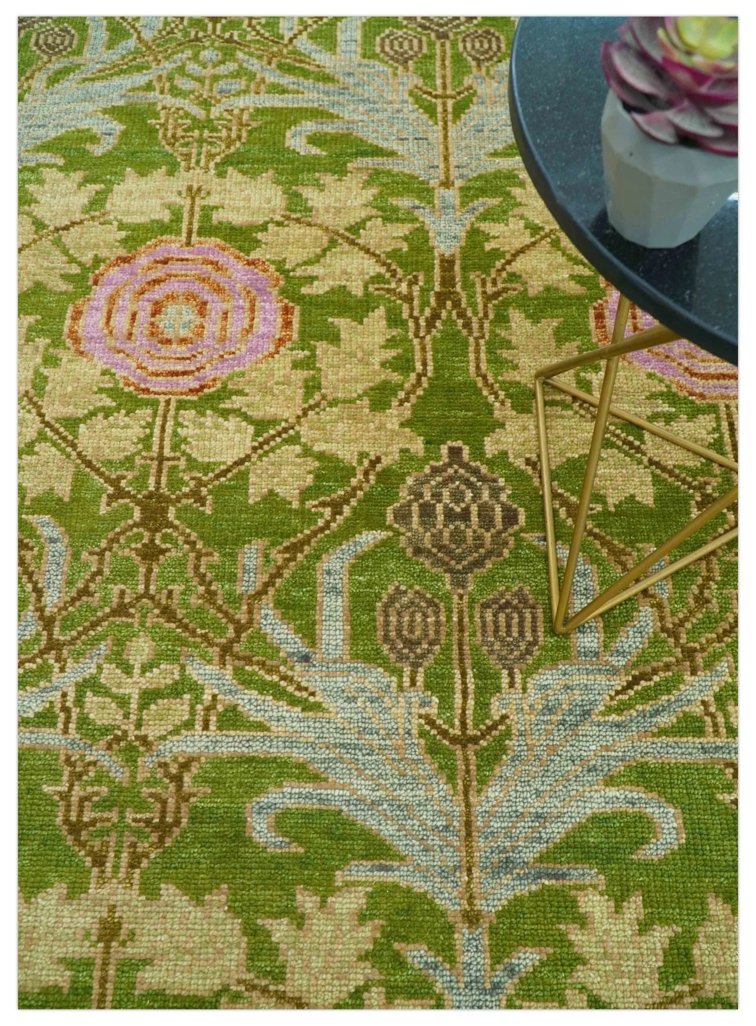 Custom Made Green And Pink Traditional Donegal Design Hand Knotted wool area rug - Image 2