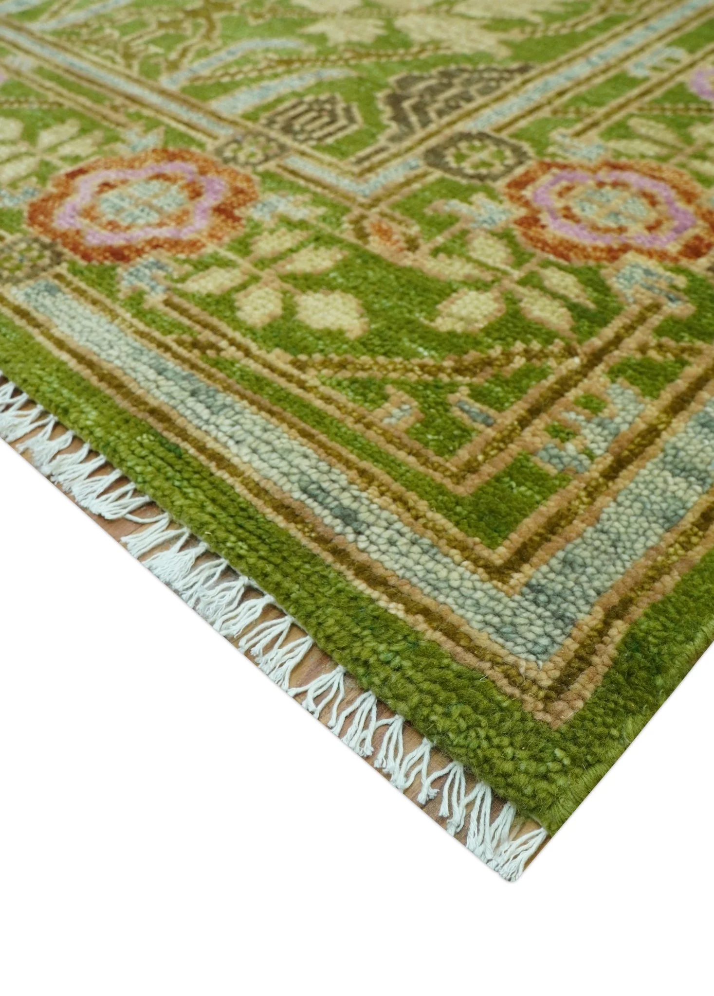 Custom Made Green And Pink Traditional Donegal Design Hand Knotted wool area rug - Image 5