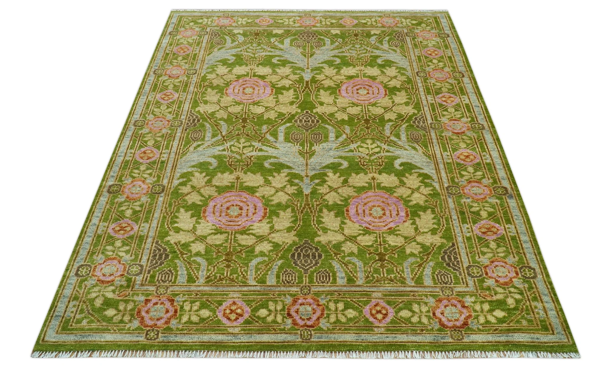 Custom Made Green And Pink Traditional Donegal Design Hand Knotted wool area rug - Image 9