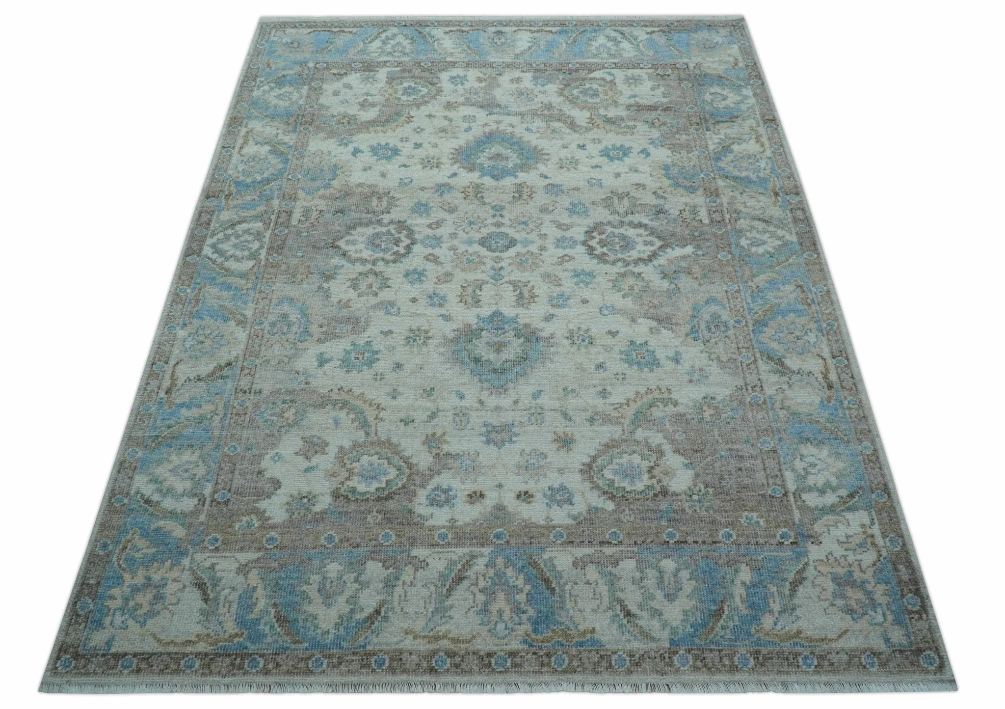 Custom Made Hand Knotted Ivory and Blue Traditional Turkish Afghan Wool Rug - Image 11