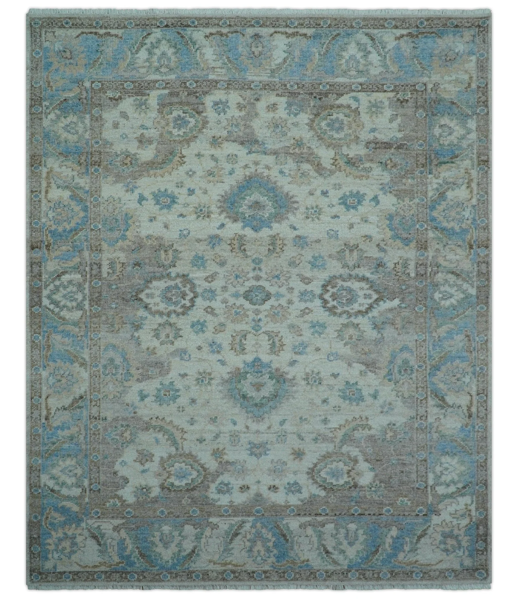 Custom Made Hand Knotted Ivory and Blue Traditional Turkish Afghan Wool Rug - Image 2
