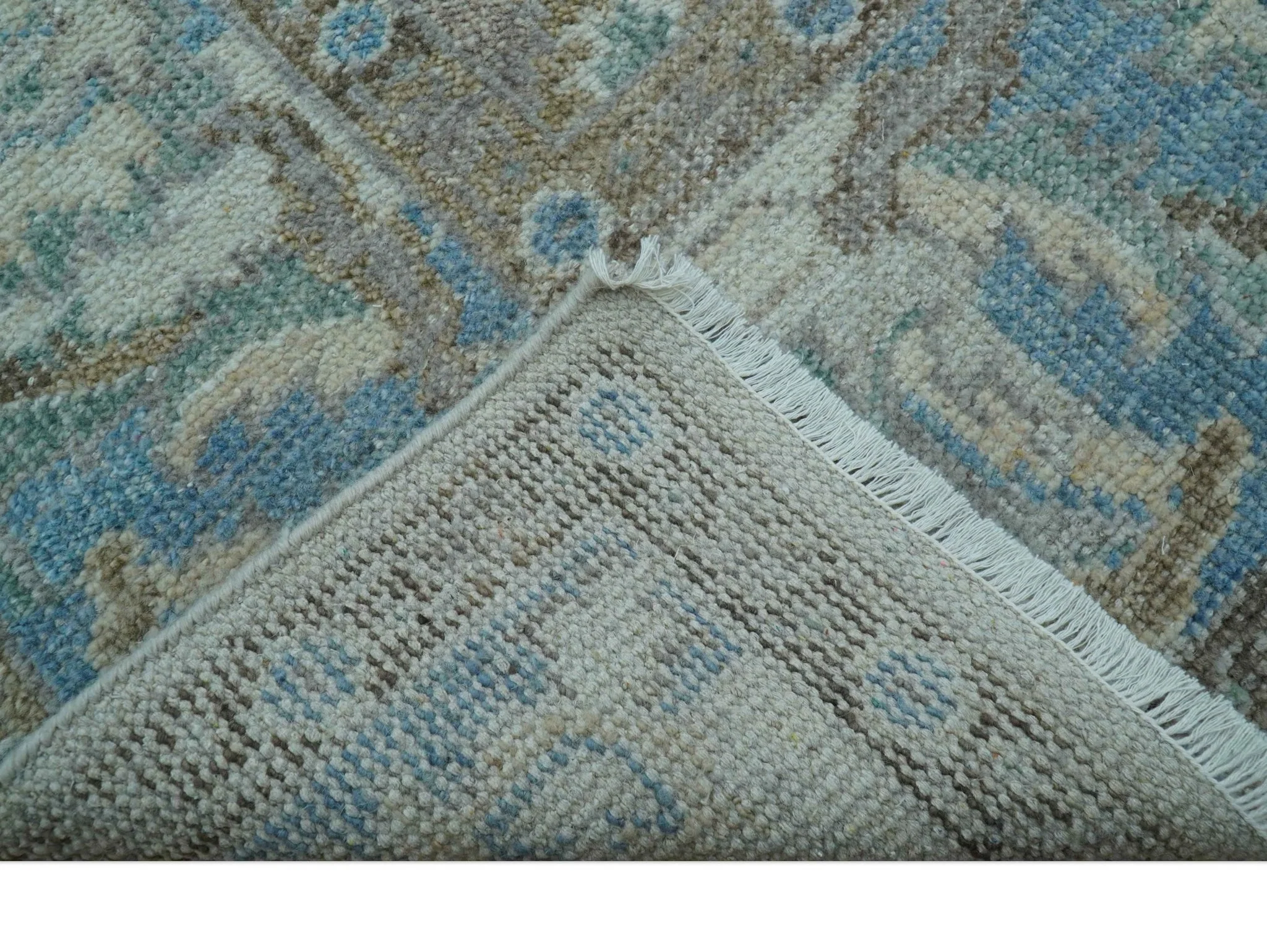 Custom Made Hand Knotted Ivory and Blue Traditional Turkish Afghan Wool Rug - Image 6