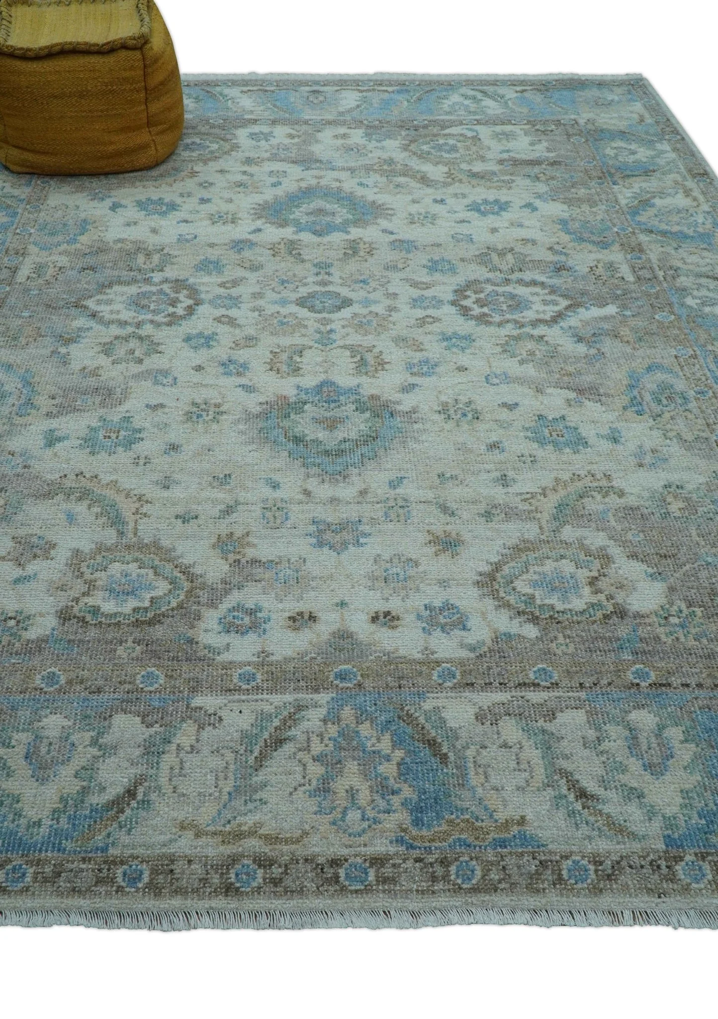Custom Made Hand Knotted Ivory and Blue Traditional Turkish Afghan Wool Rug - Image 9