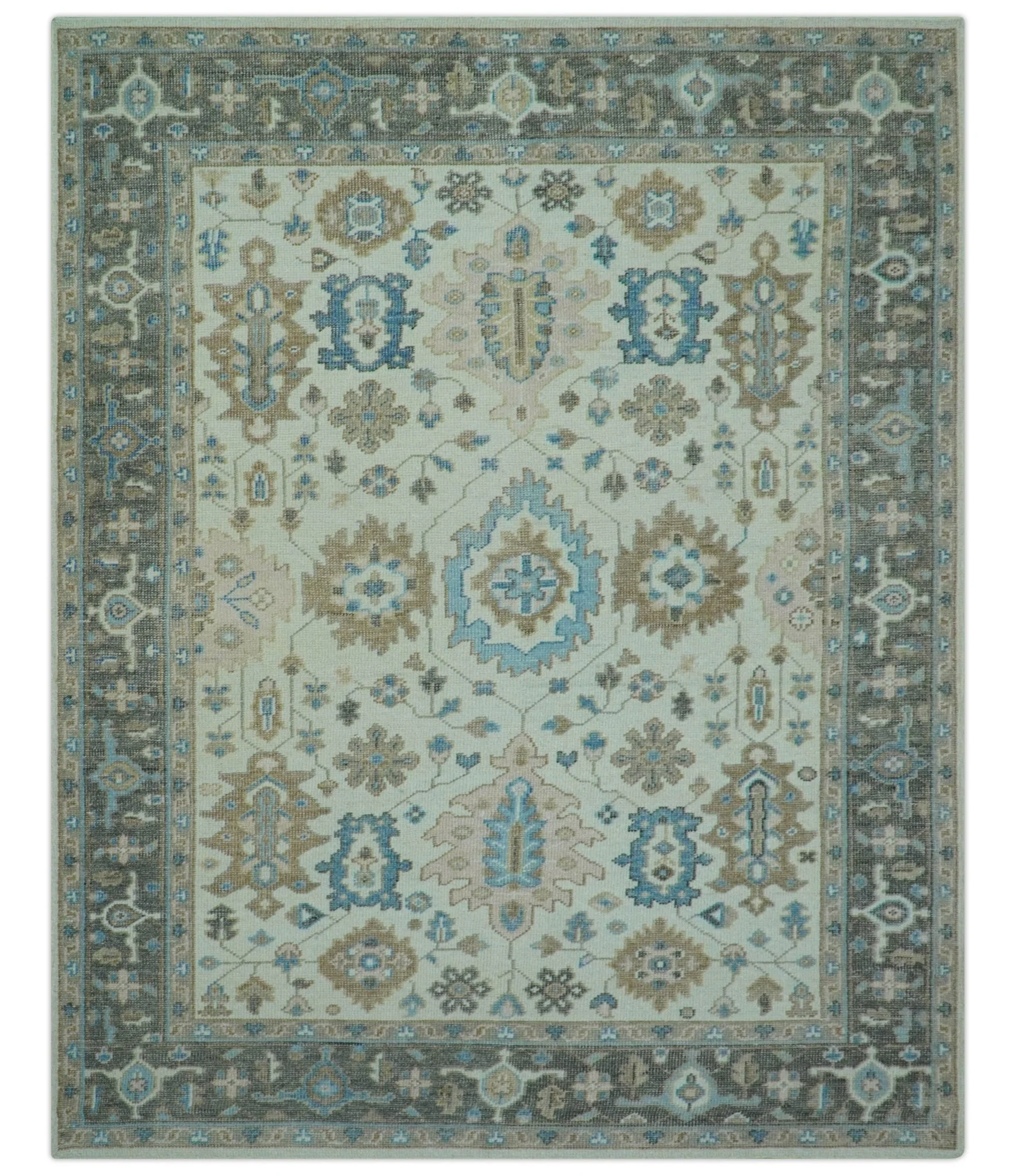 Custom Made Hand Knotted Beige and Blue Traditional Turkish Wool Area Rug - Image 2