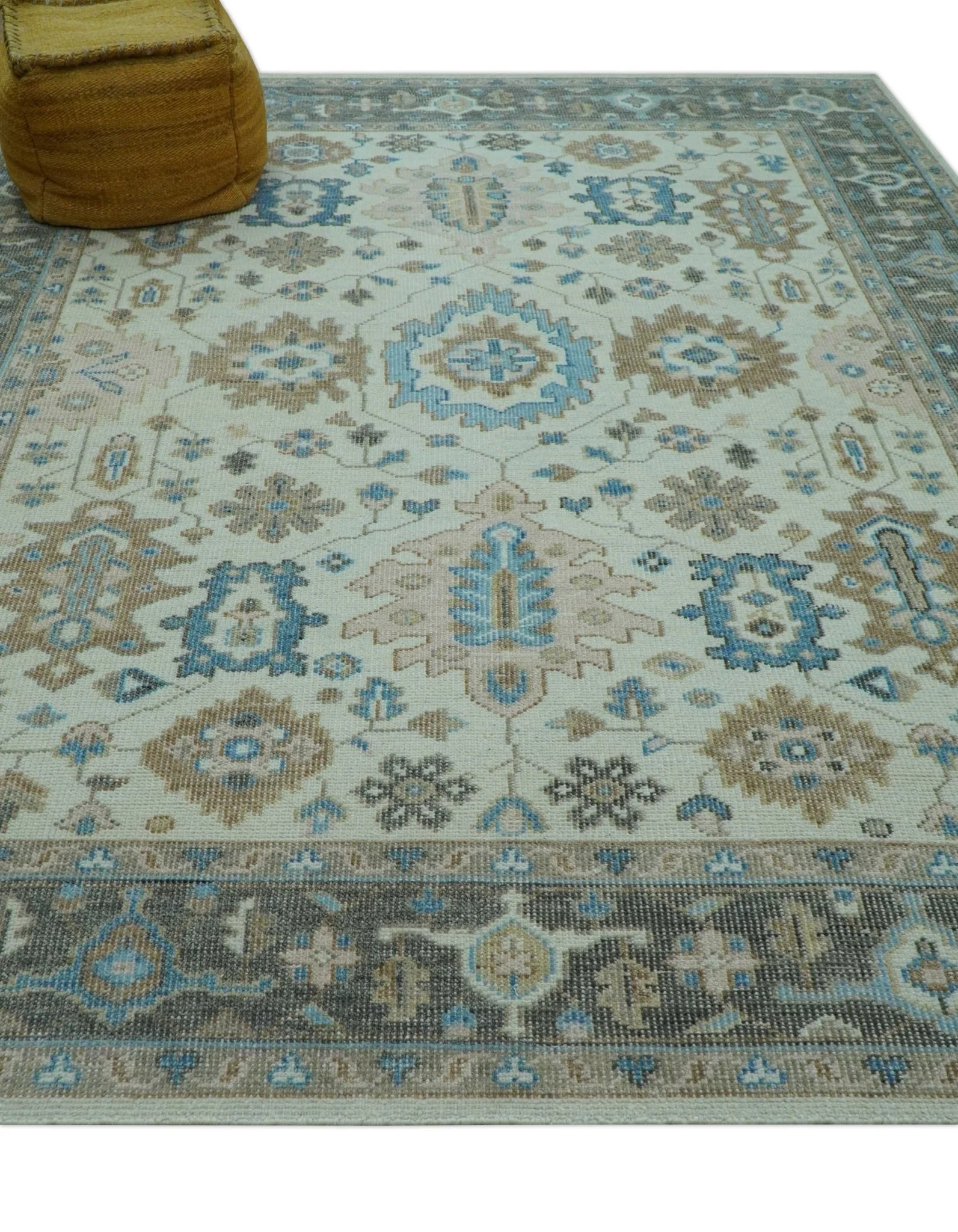 Custom Made Hand Knotted Beige and Blue Traditional Turkish Wool Area Rug - Image 3