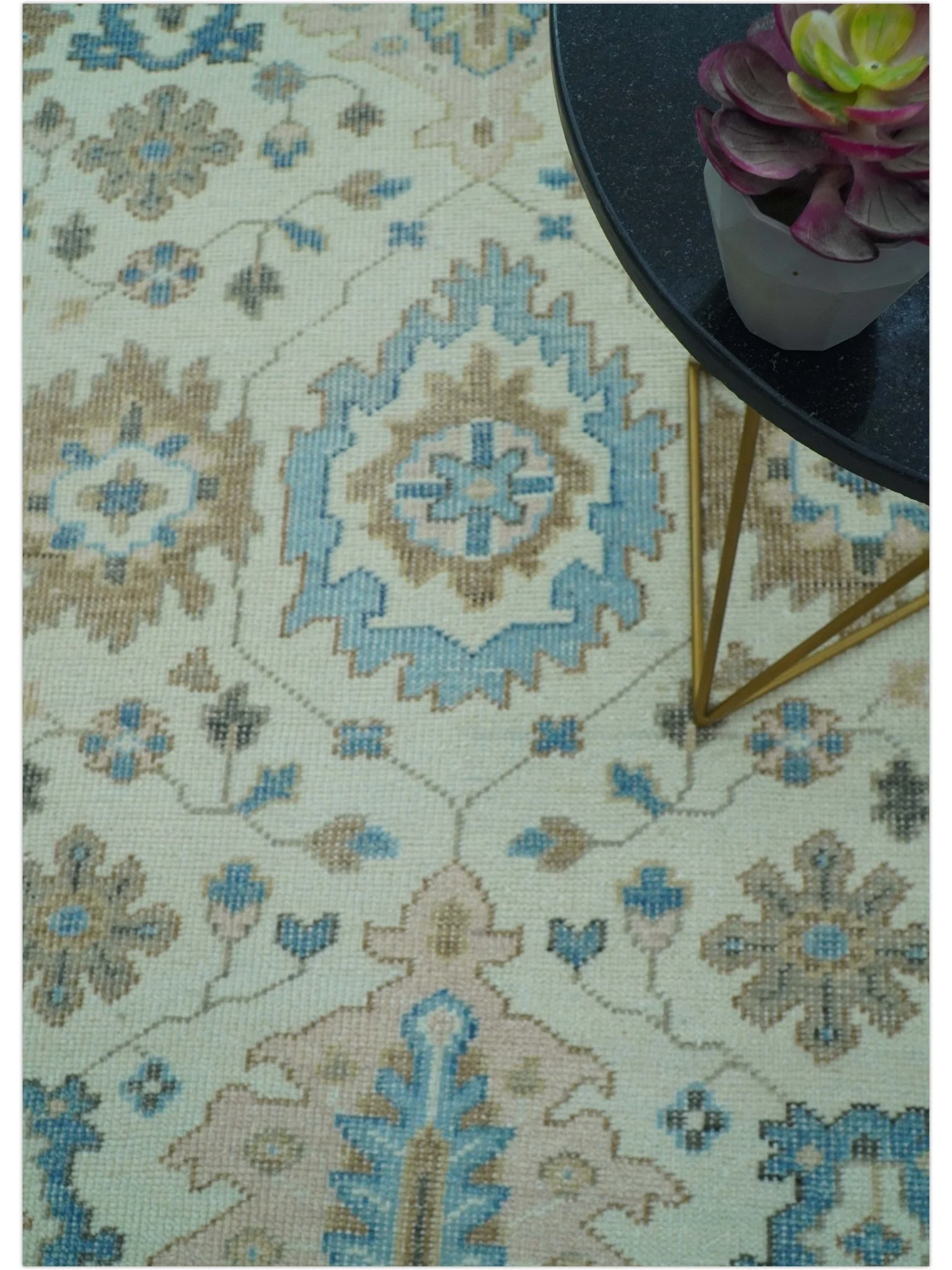 Custom Made Hand Knotted Beige and Blue Traditional Turkish Wool Area Rug - Image 4