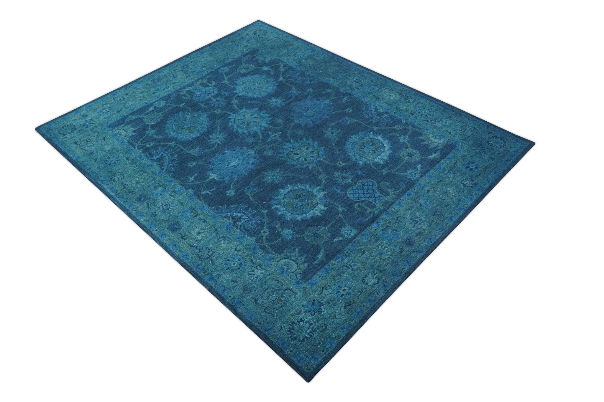 Sky Custom Made Blue Traditional Oushak Design Overdyed Wool Rug - Image 10