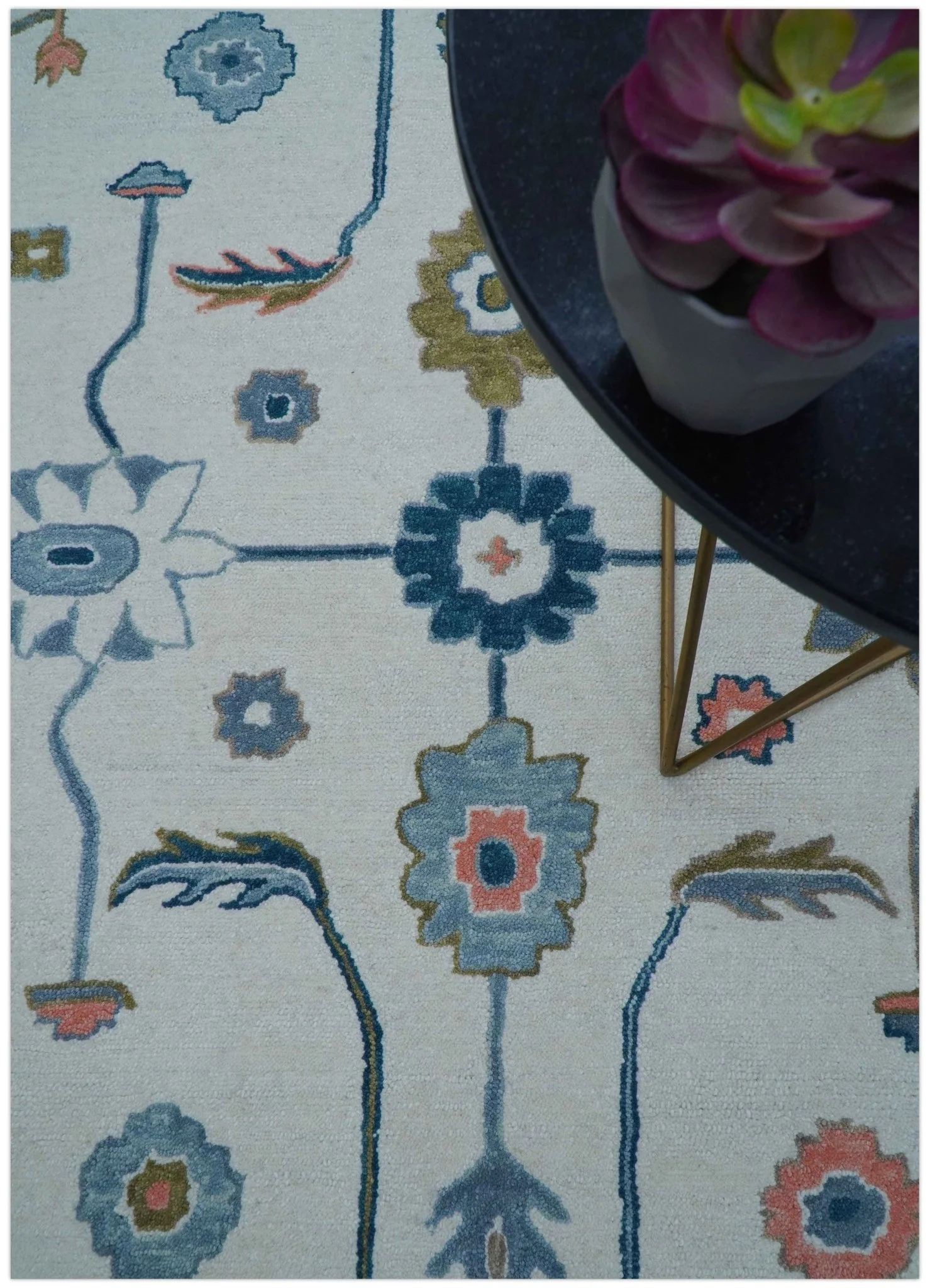 Allure Custom Made Ivory And Blue Traditional Oushak Hand Tufted Wool Rug - Image 10