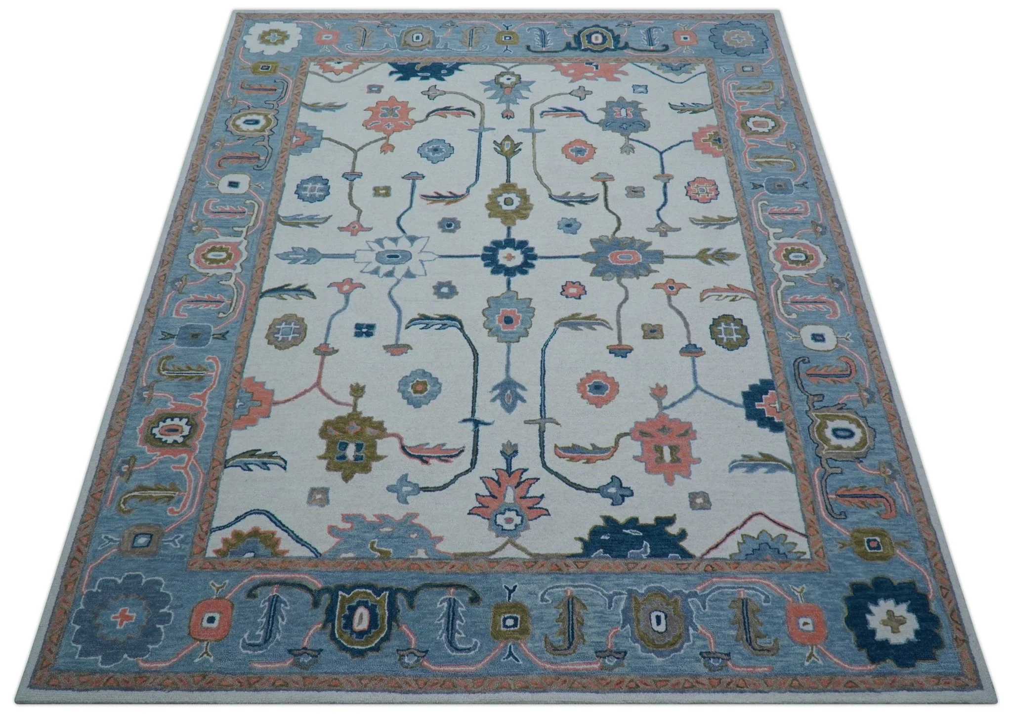 Allure Custom Made Ivory And Blue Traditional Oushak Hand Tufted Wool Rug - Image 4