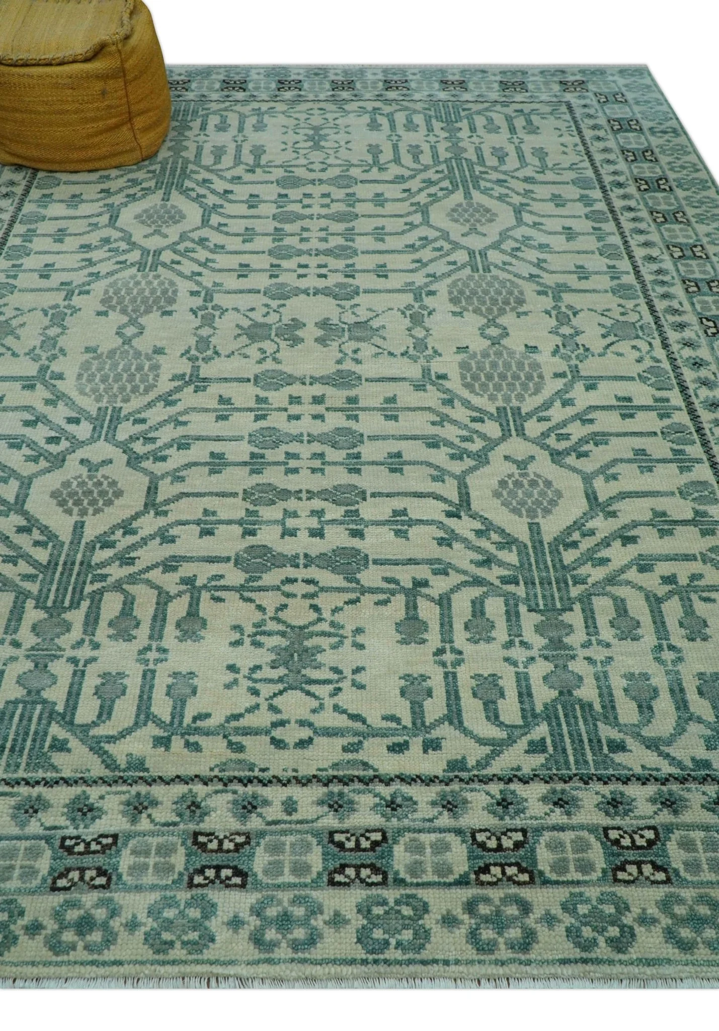Custom Made Ivory And Gray Turkish Khotan Design Hand Knotted Wool Rug - Image 4