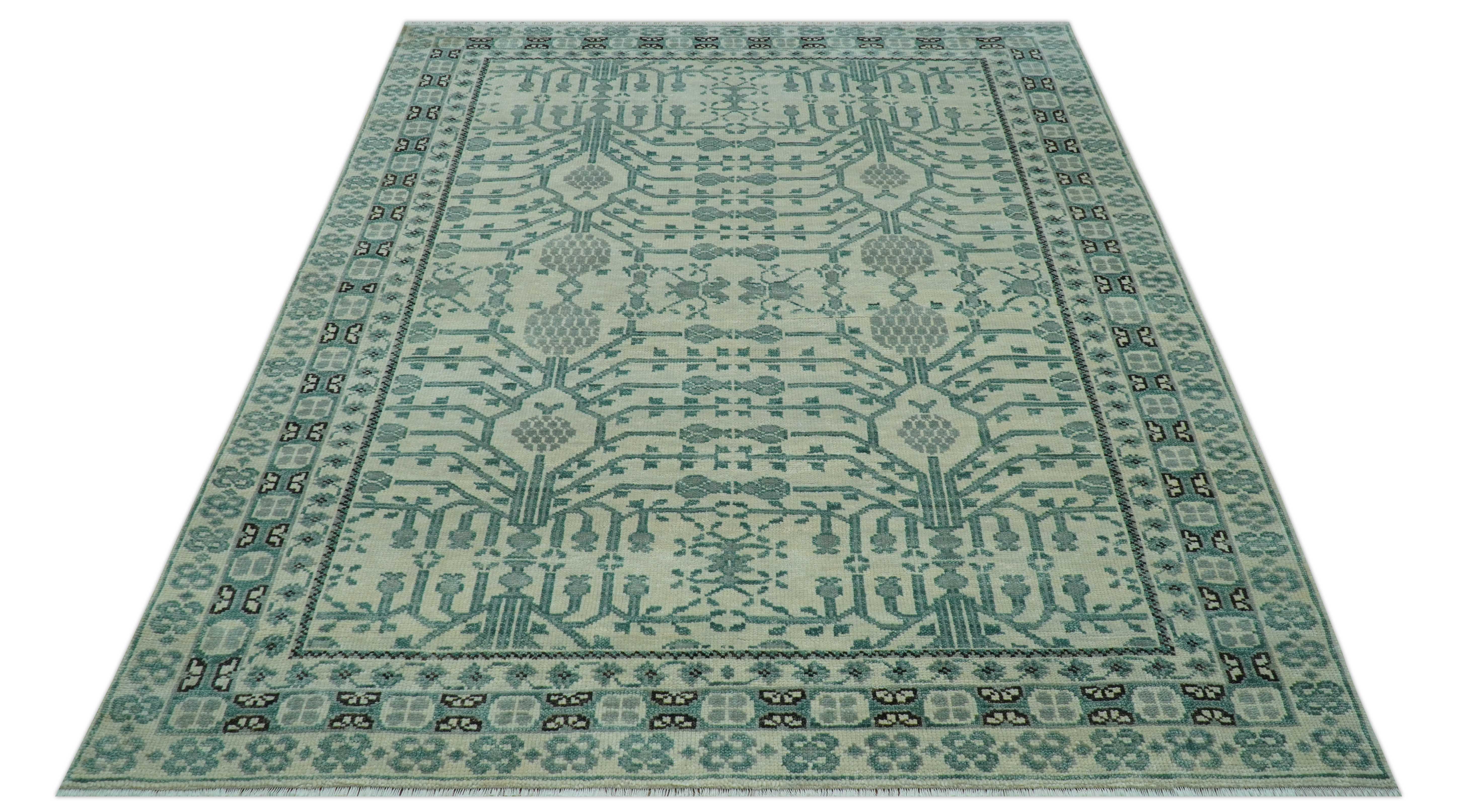 Custom Made Ivory And Gray Turkish Khotan Design Hand Knotted Wool Rug - Image 5