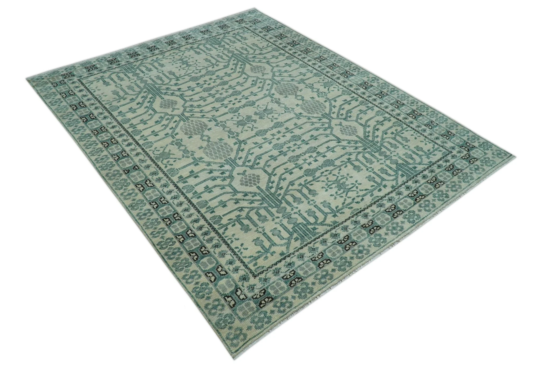 Custom Made Ivory And Gray Turkish Khotan Design Hand Knotted Wool Rug - Image 6