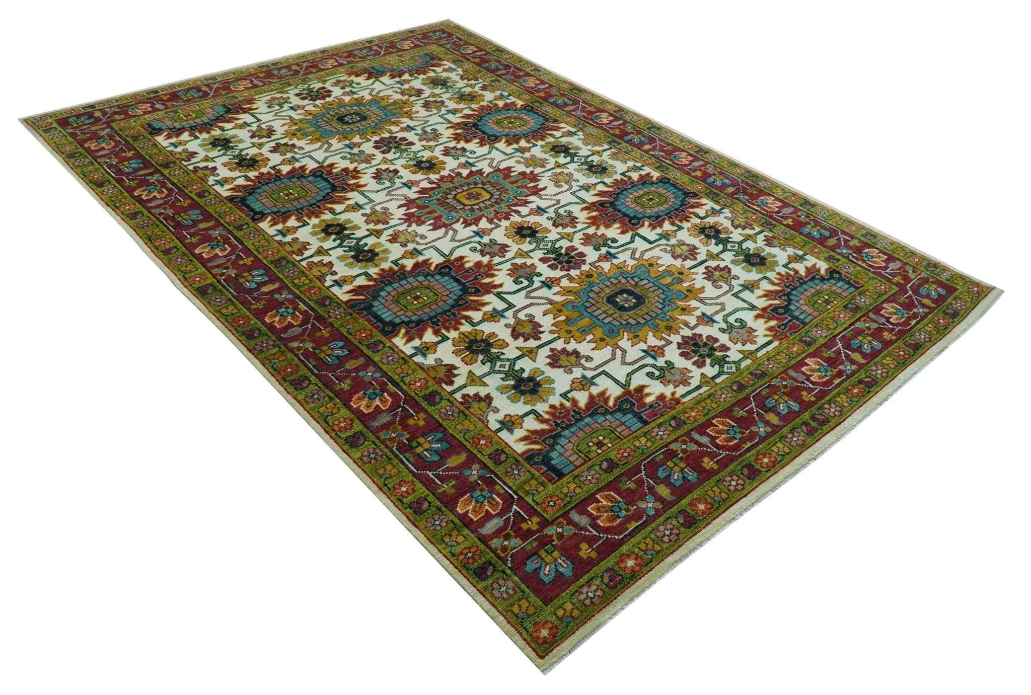 Custom Made Ivory And Maroon Traditional Floral Motifs Design Hand Knotted Wool Rug - Image 12
