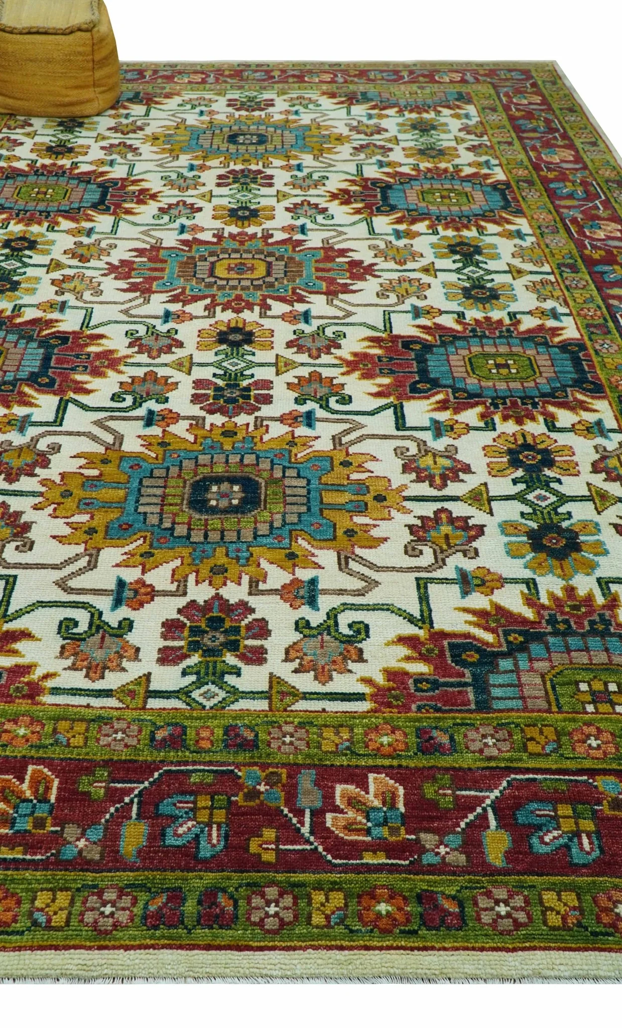 Custom Made Ivory And Maroon Traditional Floral Motifs Design Hand Knotted Wool Rug - Image 4