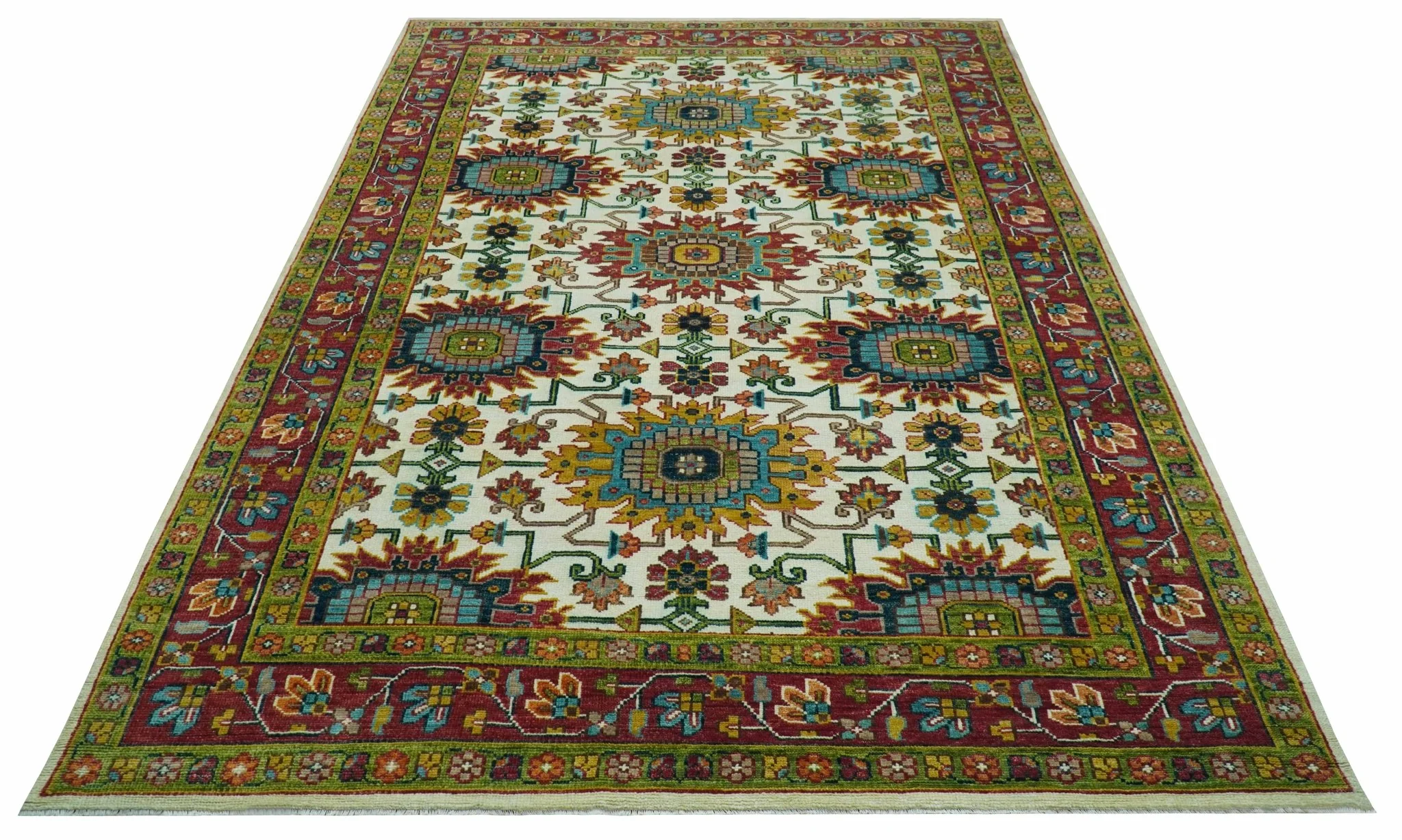 Custom Made Ivory And Maroon Traditional Floral Motifs Design Hand Knotted Wool Rug - Image 5