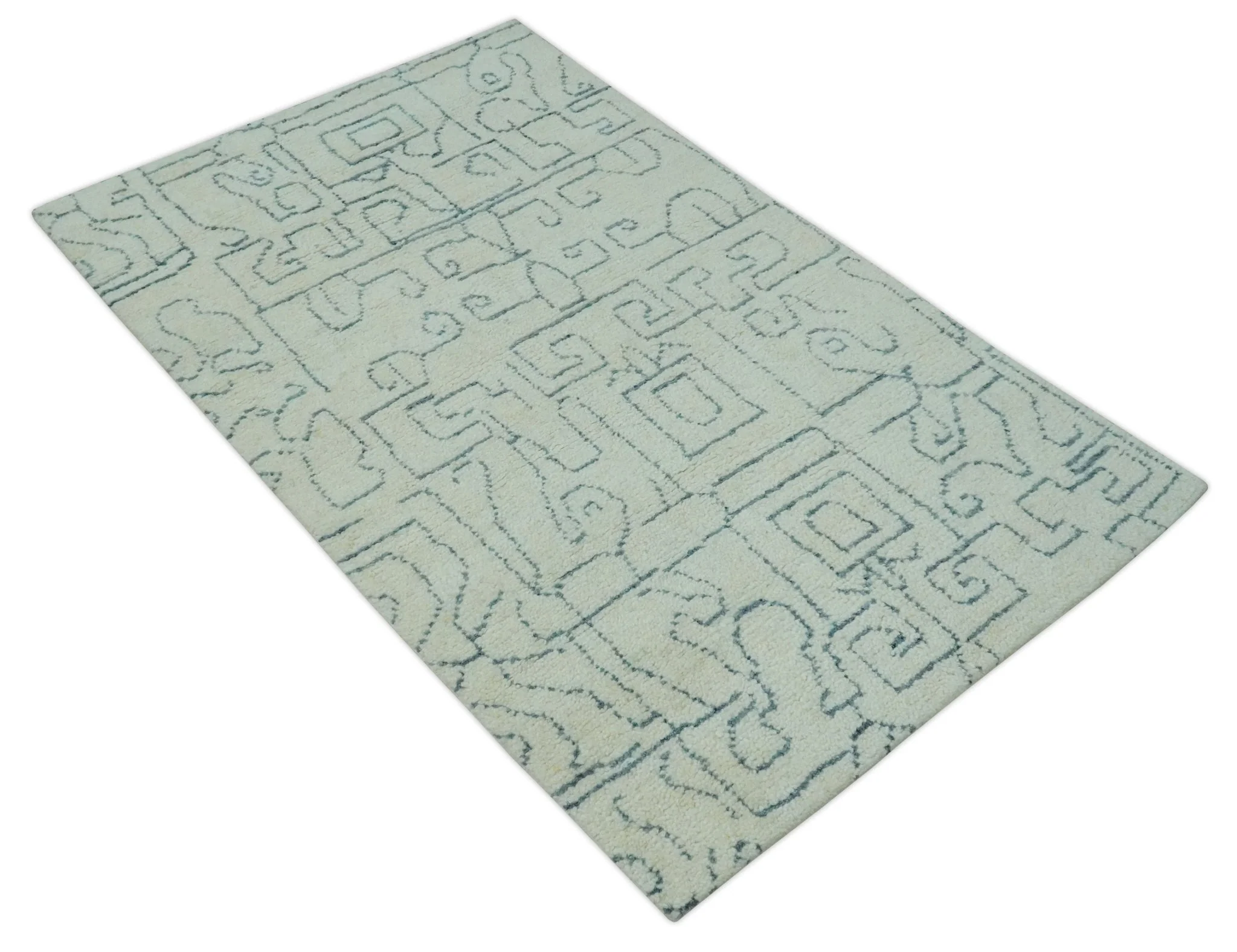 Custom Made Ivory, Beige and Gray Maze Design Hand knotted wool Area Rug - Image 10