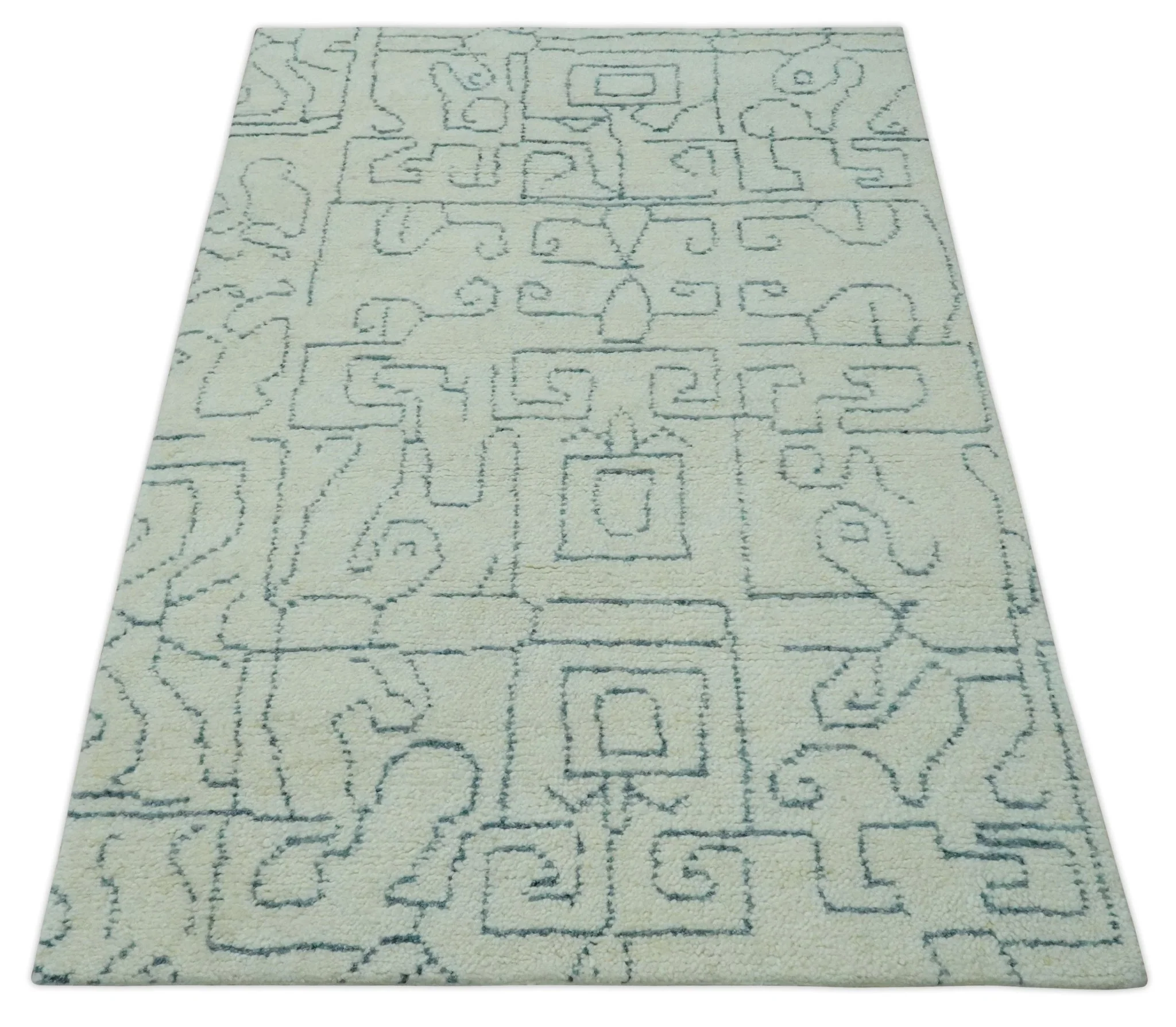 Custom Made Ivory, Beige and Gray Maze Design Hand knotted wool Area Rug - Image 11