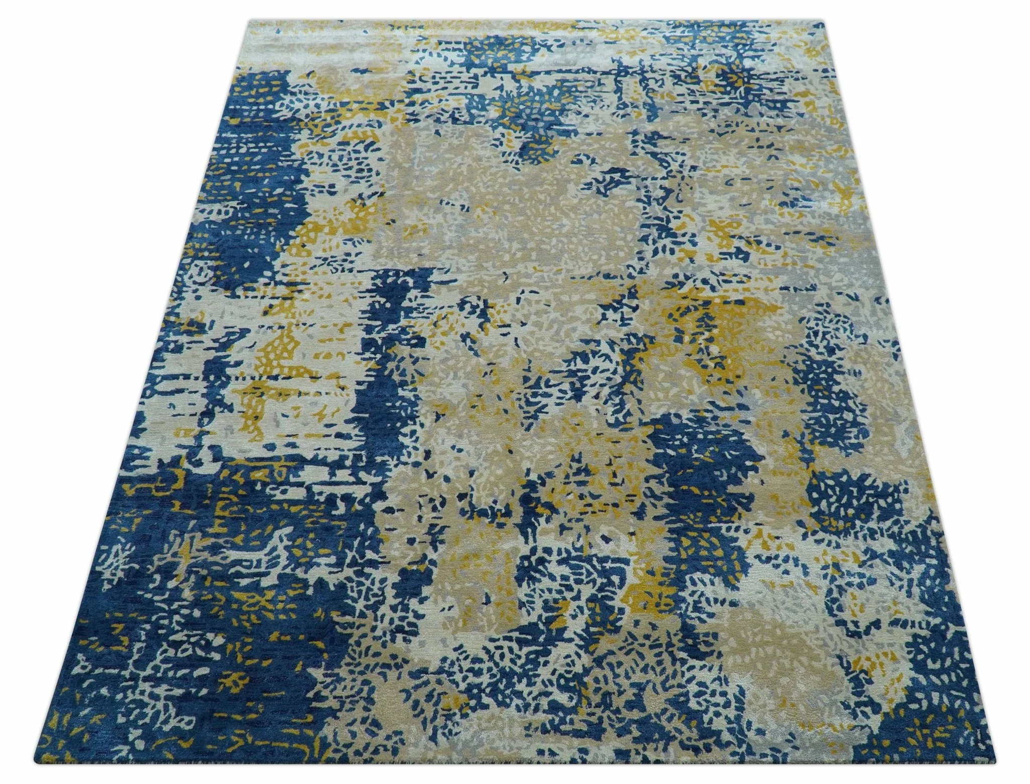 Custom Made Modern Abstract Blue And Beige Hand Tufted Wool-Art Silk Rug - Image 11