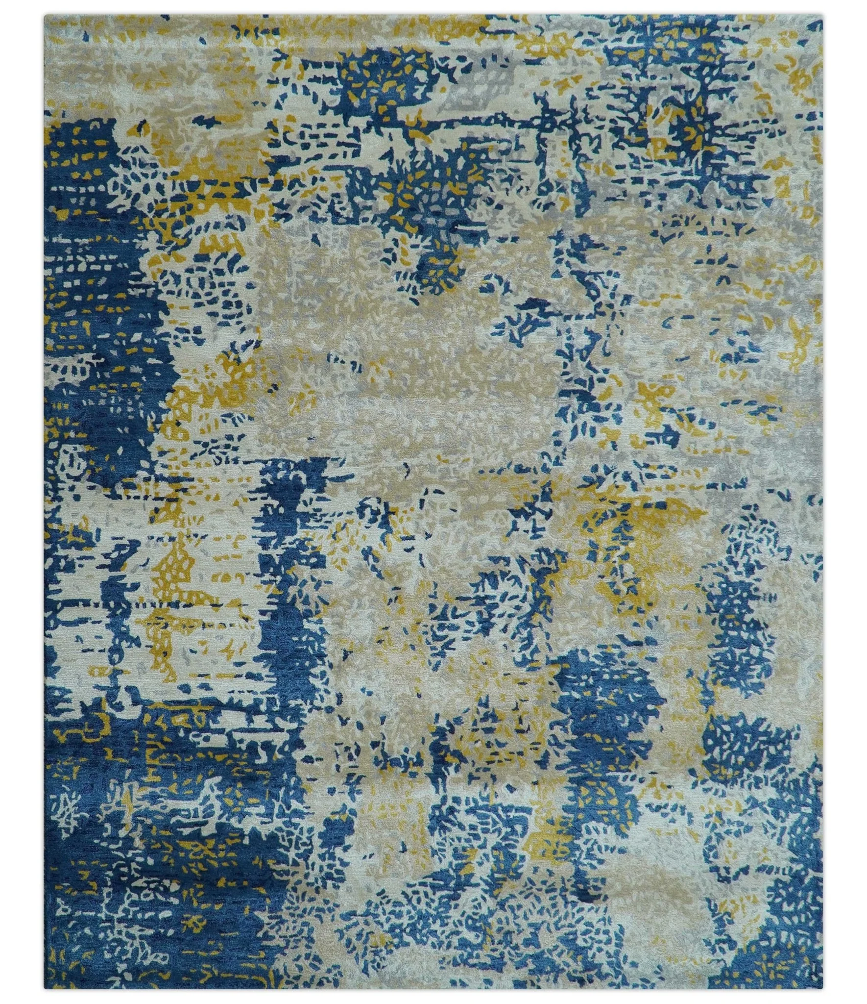 Custom Made Modern Abstract Blue And Beige Hand Tufted Wool-Art Silk Rug - Image 2
