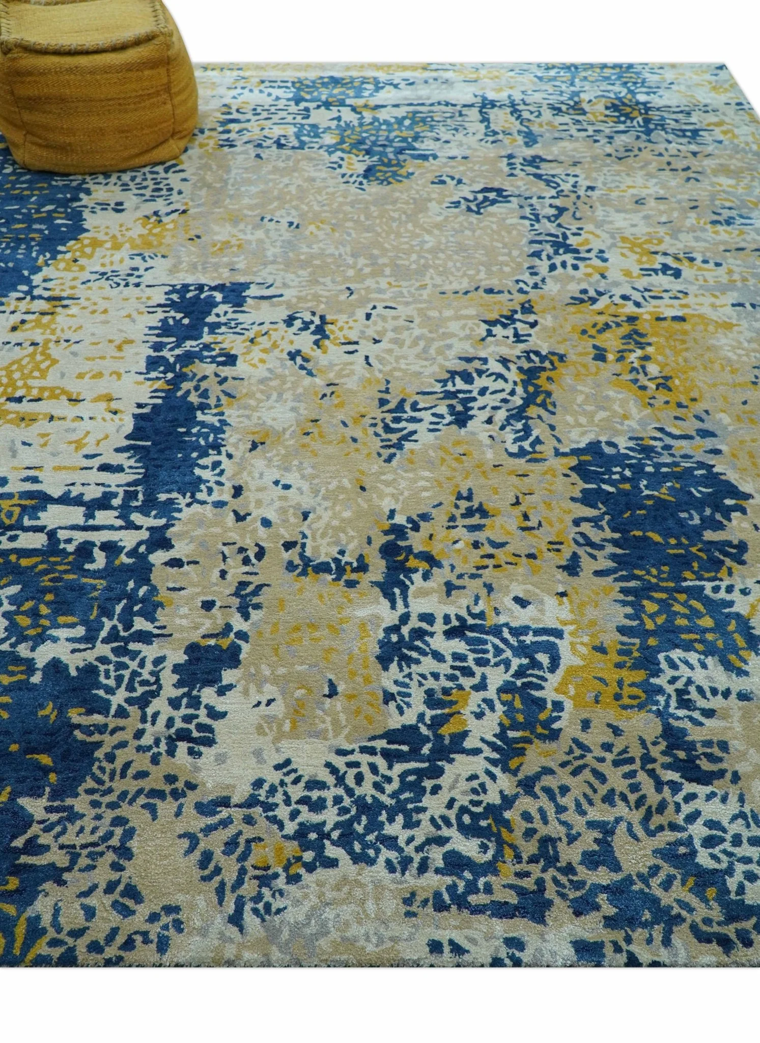 Custom Made Modern Abstract Blue And Beige Hand Tufted Wool-Art Silk Rug - Image 3