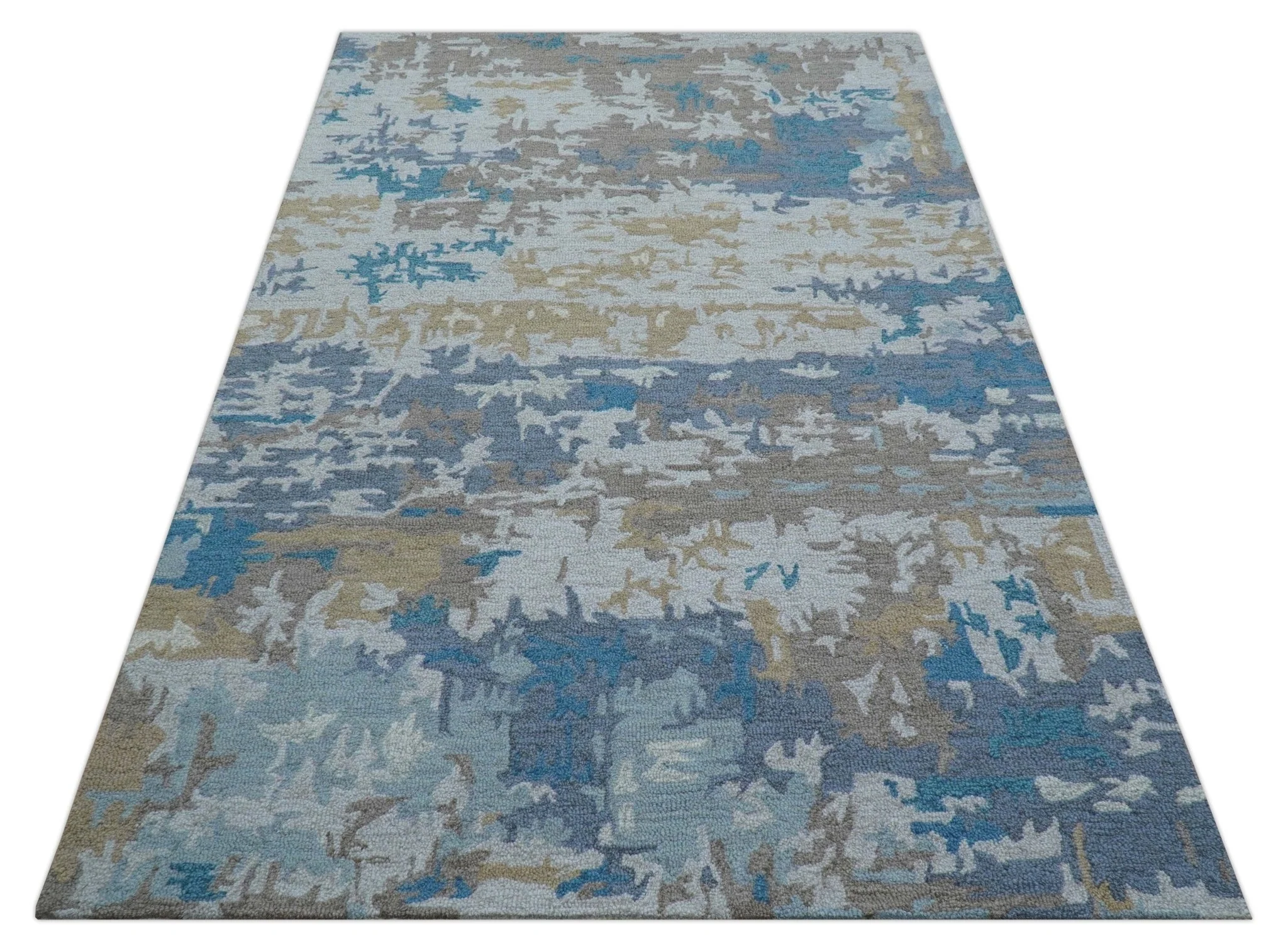 Custom Made Modern Abstract Blue And Beige Hand Tufted Wool Area Rug - Image 11