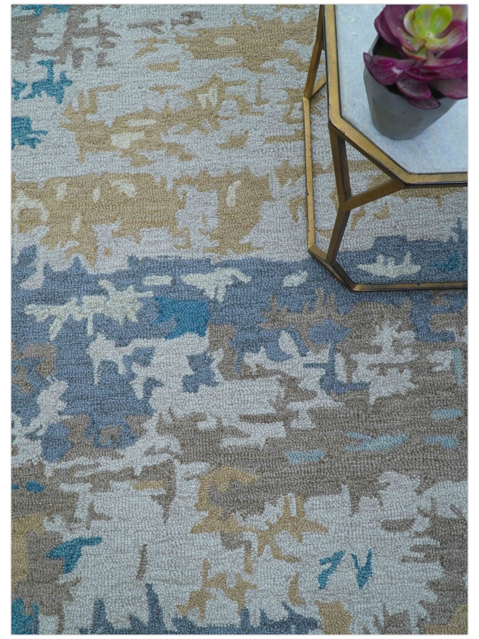 Custom Made Modern Abstract Blue And Beige Hand Tufted Wool Area Rug - Image 3
