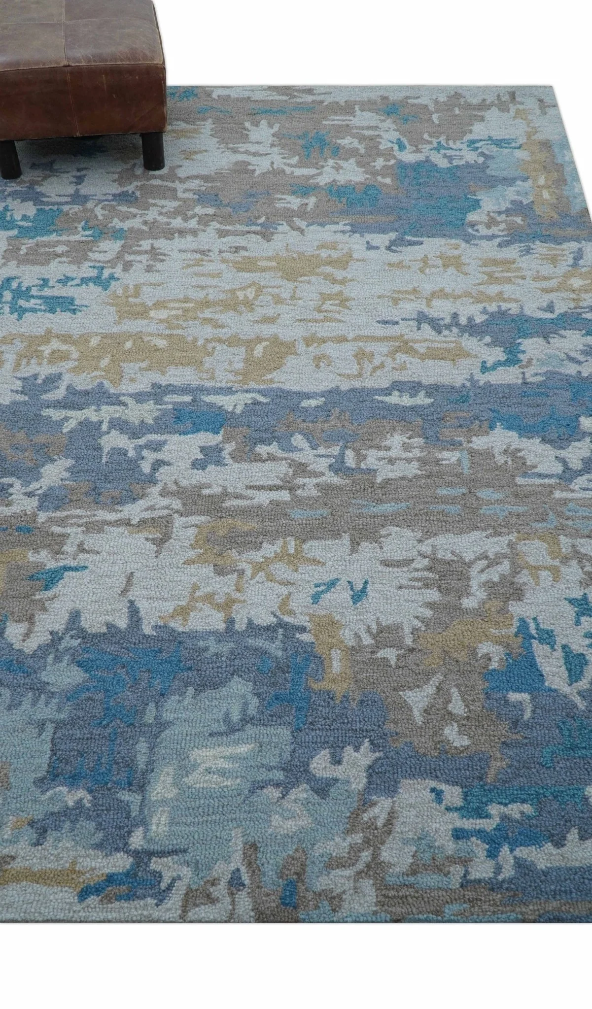 Custom Made Modern Abstract Blue And Beige Hand Tufted Wool Area Rug - Image 4